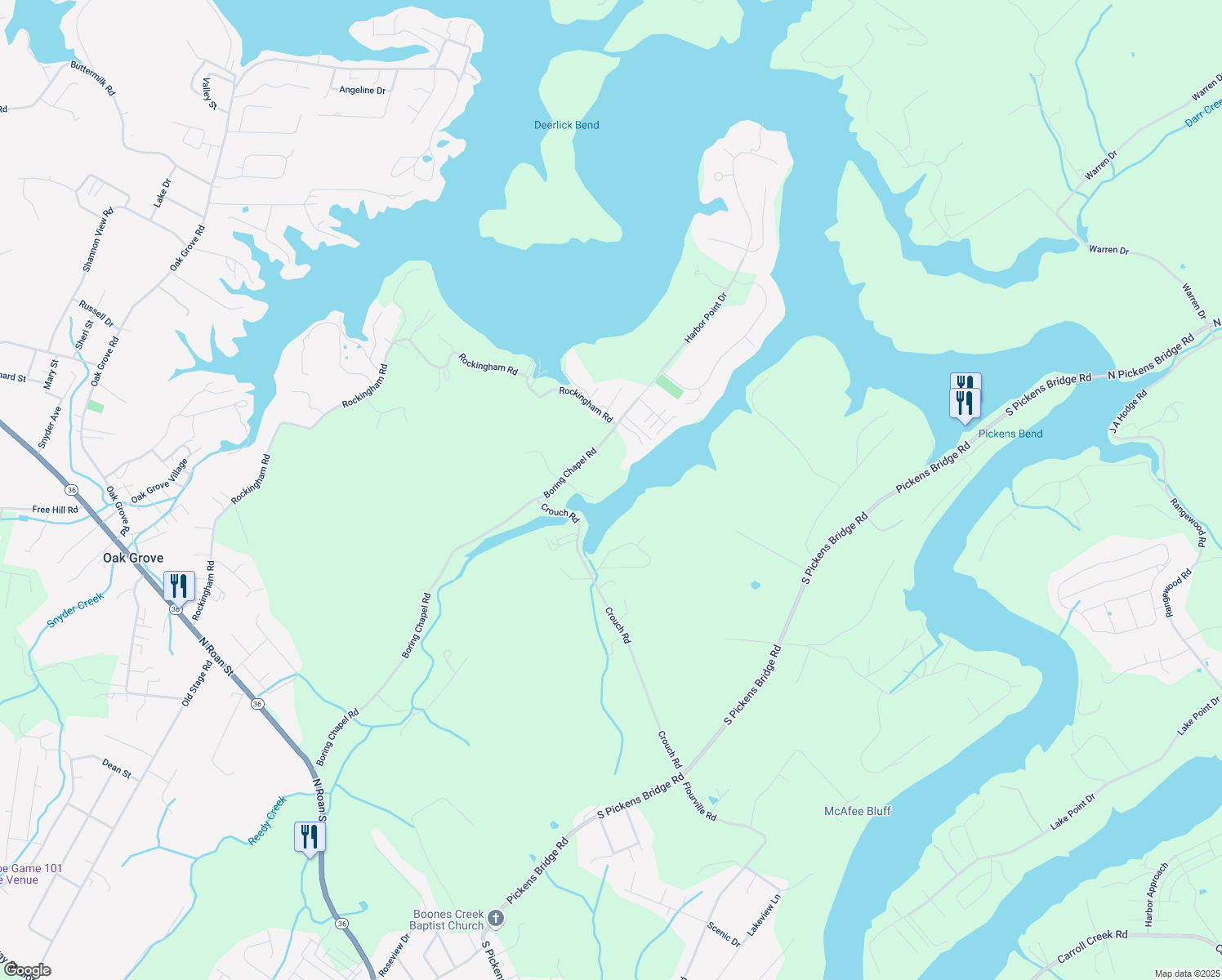 map of restaurants, bars, coffee shops, grocery stores, and more near 521 Boring Chapel Road in Johnson City
