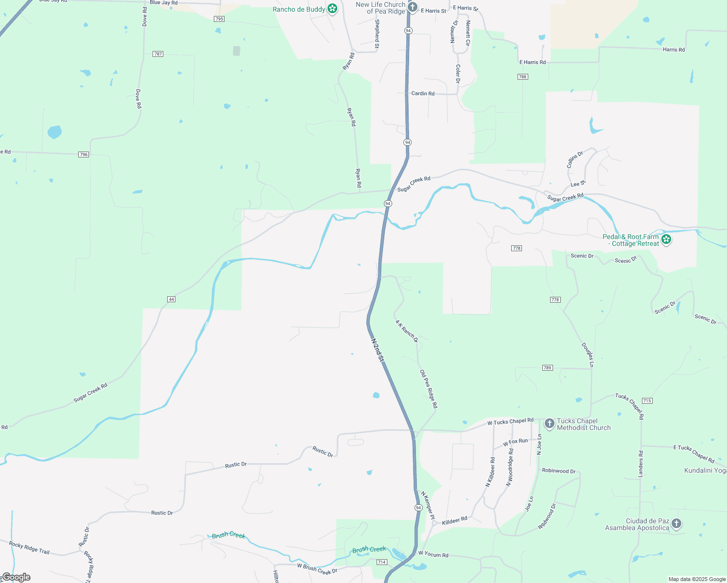 map of restaurants, bars, coffee shops, grocery stores, and more near 5712 North 2nd Street in Little Flock