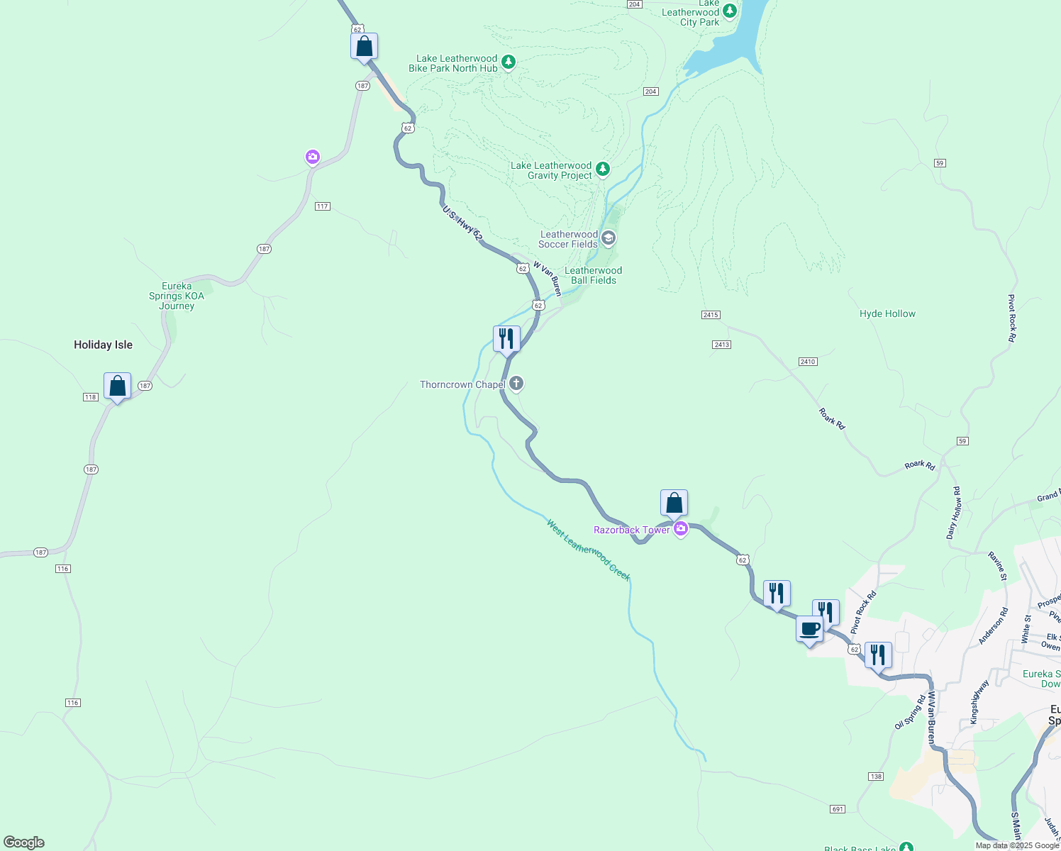 map of restaurants, bars, coffee shops, grocery stores, and more near 12968 U.S. 62 in Eureka Springs