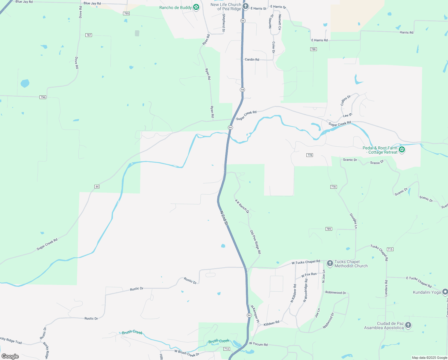 map of restaurants, bars, coffee shops, grocery stores, and more near 5712 North 2nd Street in Little Flock