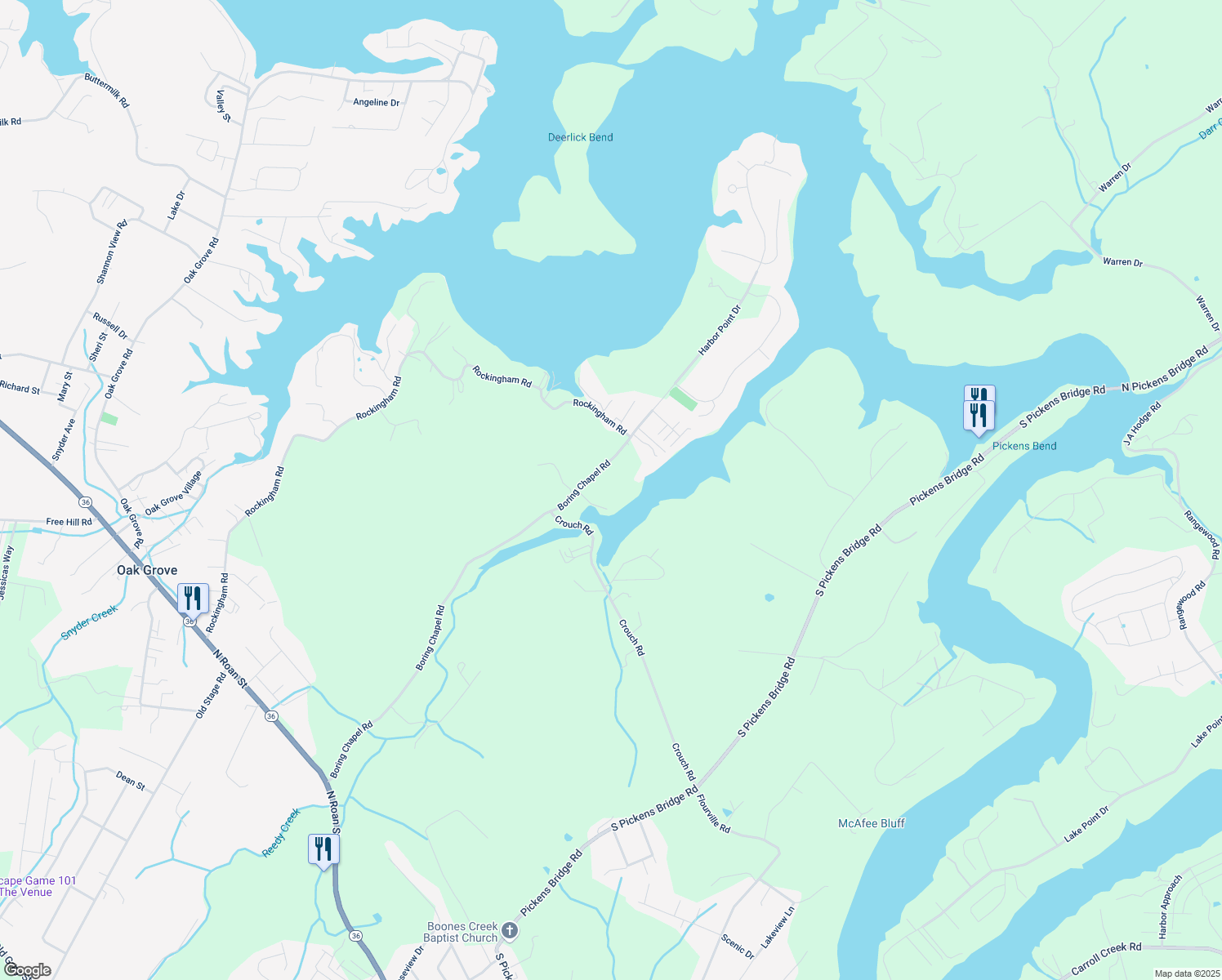 map of restaurants, bars, coffee shops, grocery stores, and more near 523 Boring Chapel Road in Gray