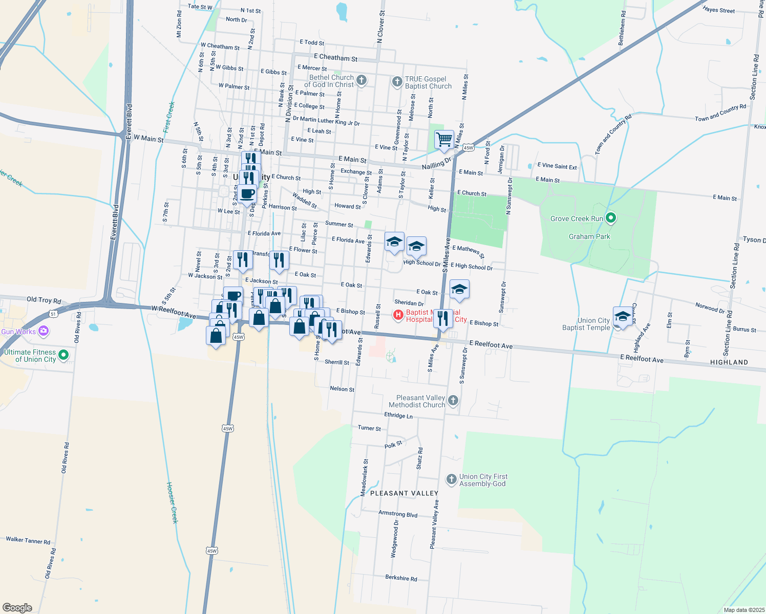 map of restaurants, bars, coffee shops, grocery stores, and more near 1116 Russell Street in Union City