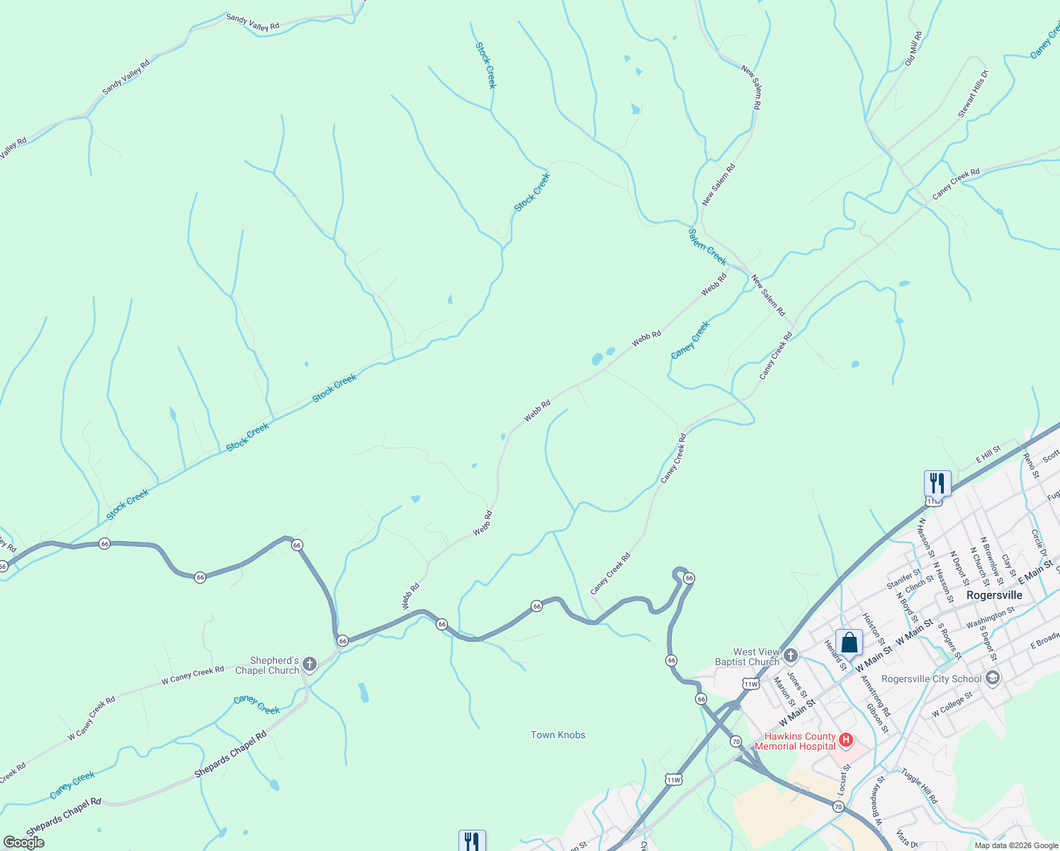map of restaurants, bars, coffee shops, grocery stores, and more near 228 Webb Road in Rogersville