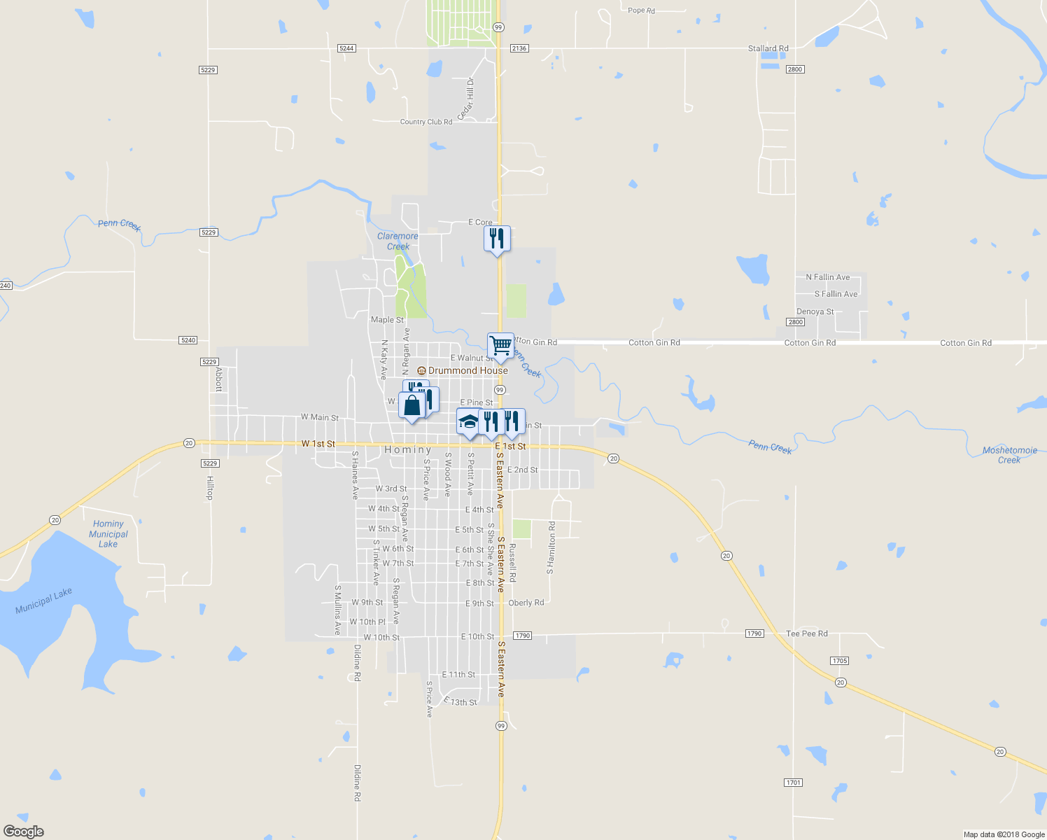 map of restaurants, bars, coffee shops, grocery stores, and more near 601 East Main Street in Hominy