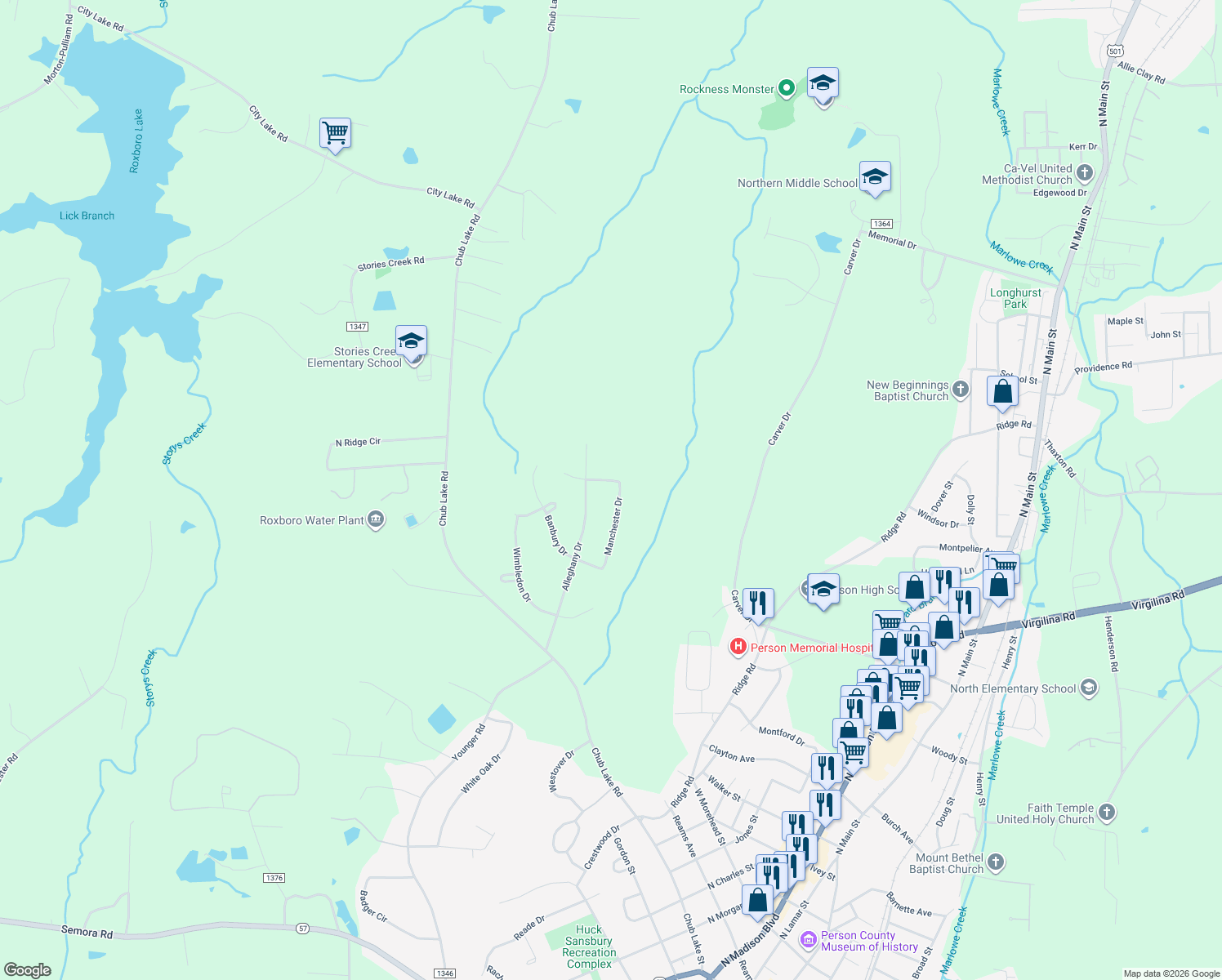 map of restaurants, bars, coffee shops, grocery stores, and more near 231 Manchester Dr in Roxboro