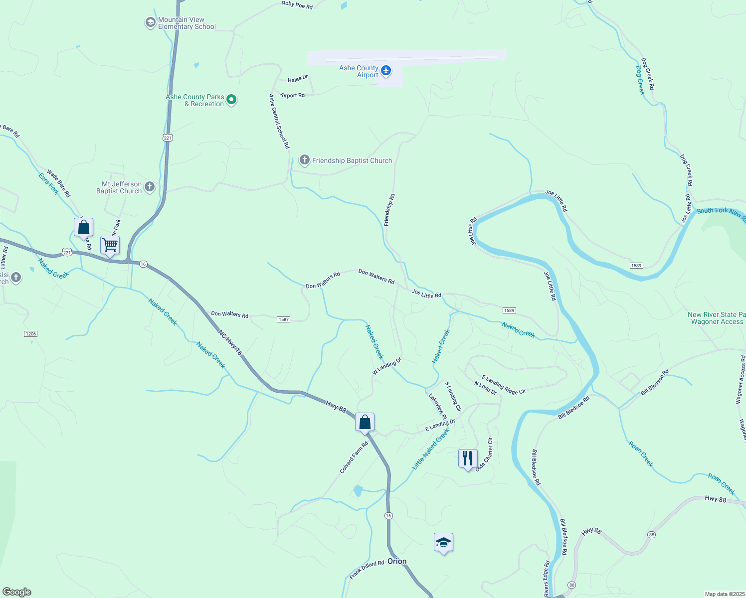 map of restaurants, bars, coffee shops, grocery stores, and more near Rocky Creek Court in Jefferson
