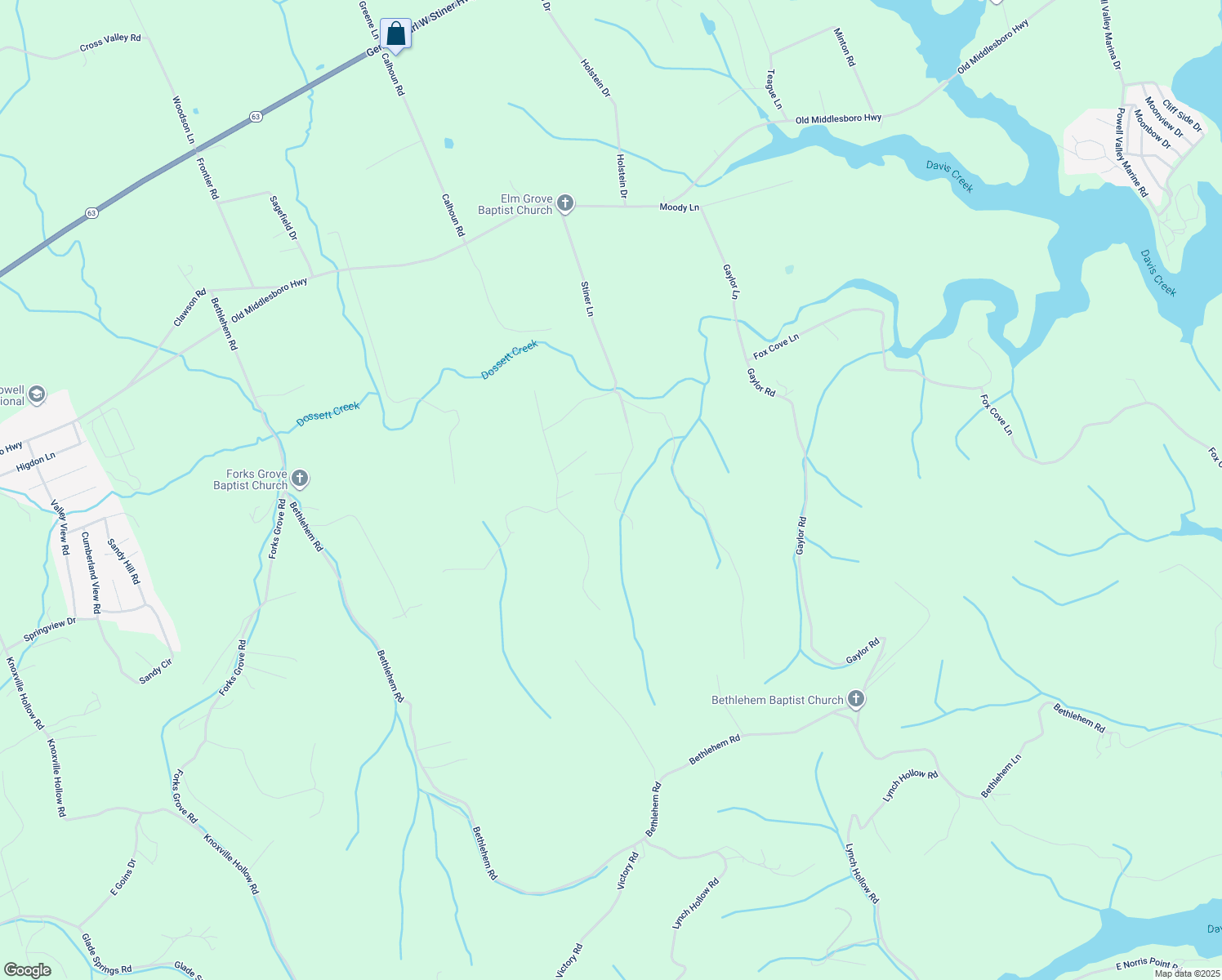 map of restaurants, bars, coffee shops, grocery stores, and more near 391 Stiner Lane in LaFollette
