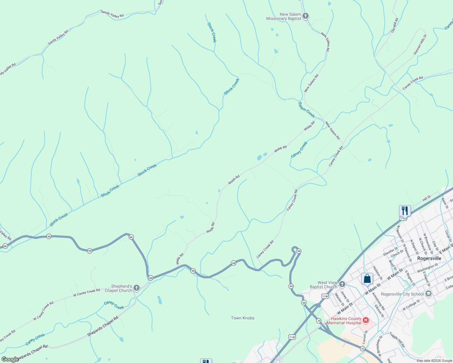 map of restaurants, bars, coffee shops, grocery stores, and more near 228 Webb Road in Rogersville