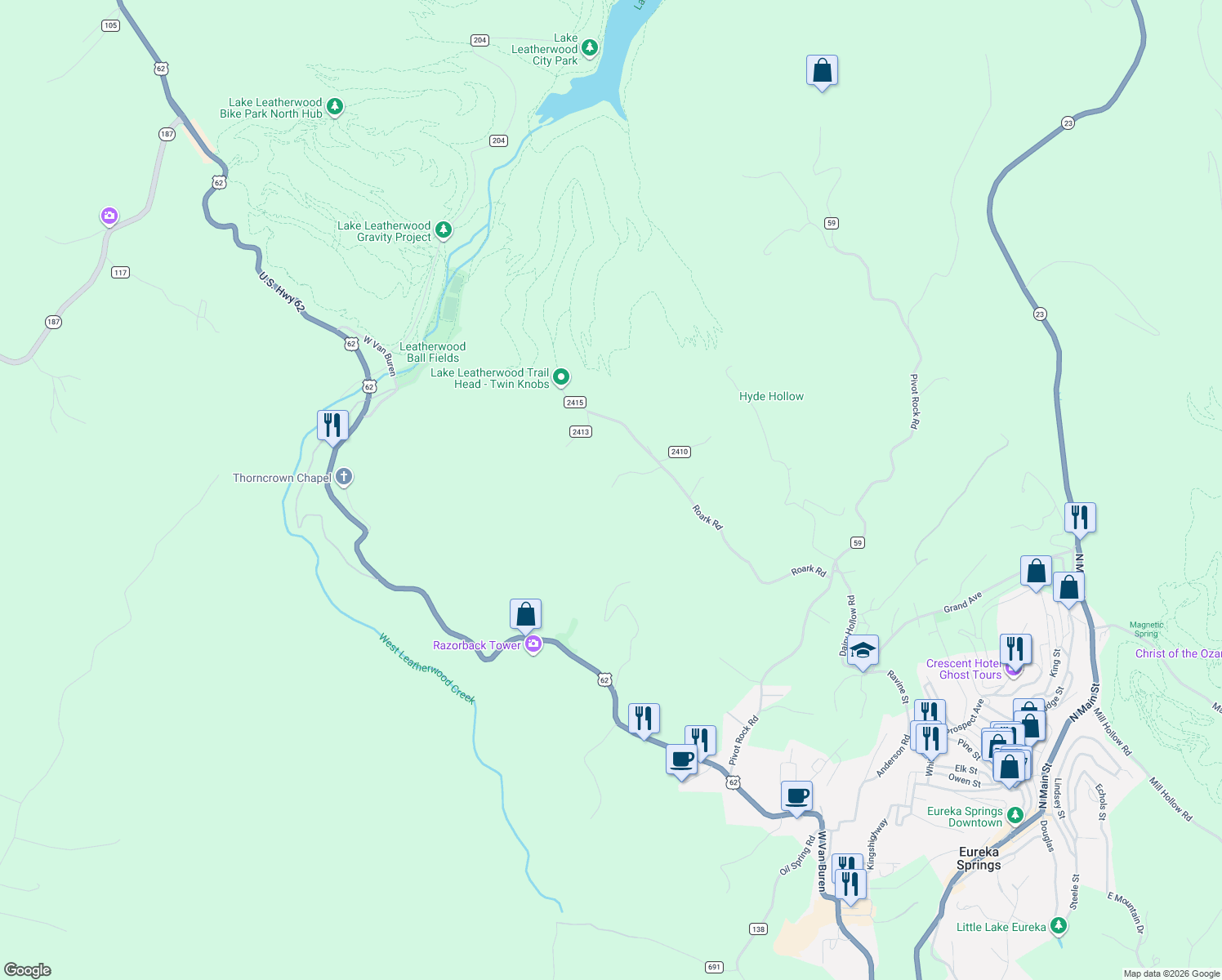 map of restaurants, bars, coffee shops, grocery stores, and more near 371 County Road 241 in Eureka Springs