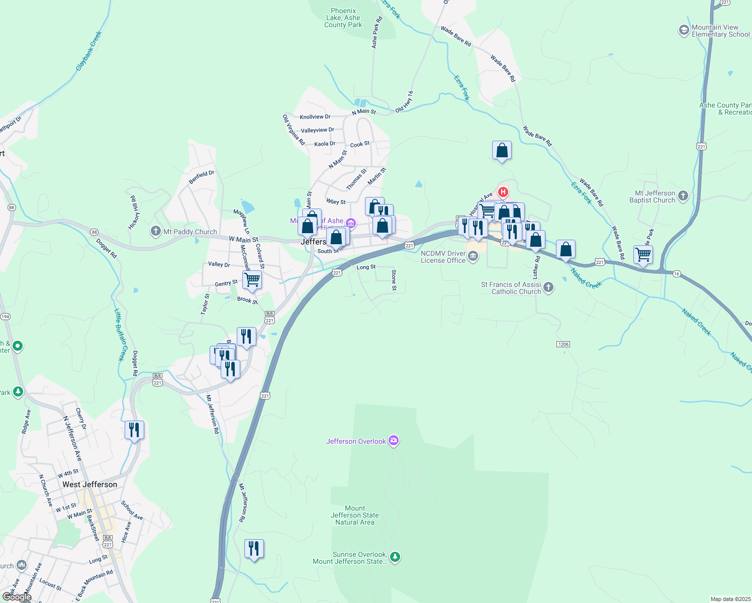 map of restaurants, bars, coffee shops, grocery stores, and more near 413 Academy Street in Jefferson