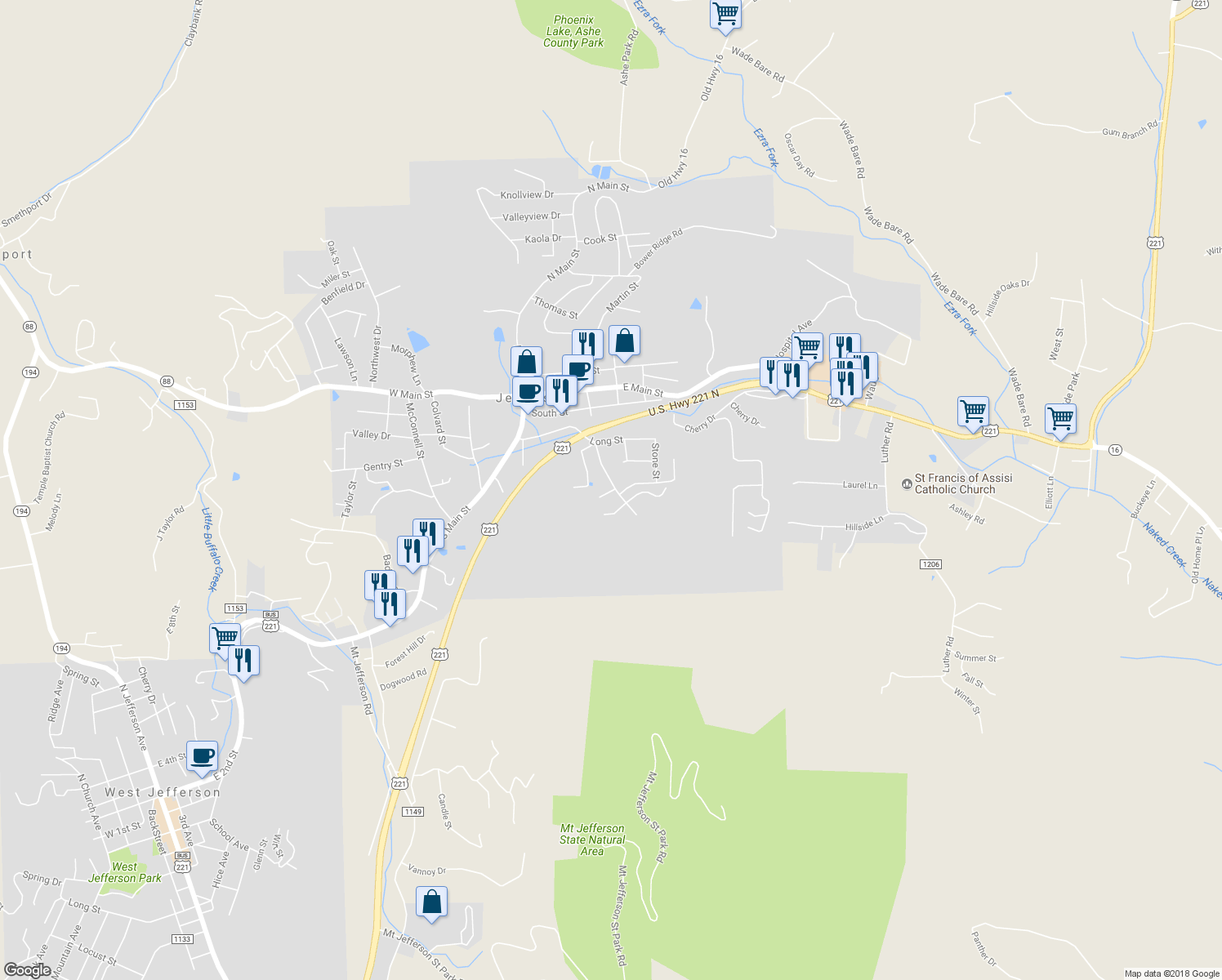map of restaurants, bars, coffee shops, grocery stores, and more near 370 Academy Street in Jefferson