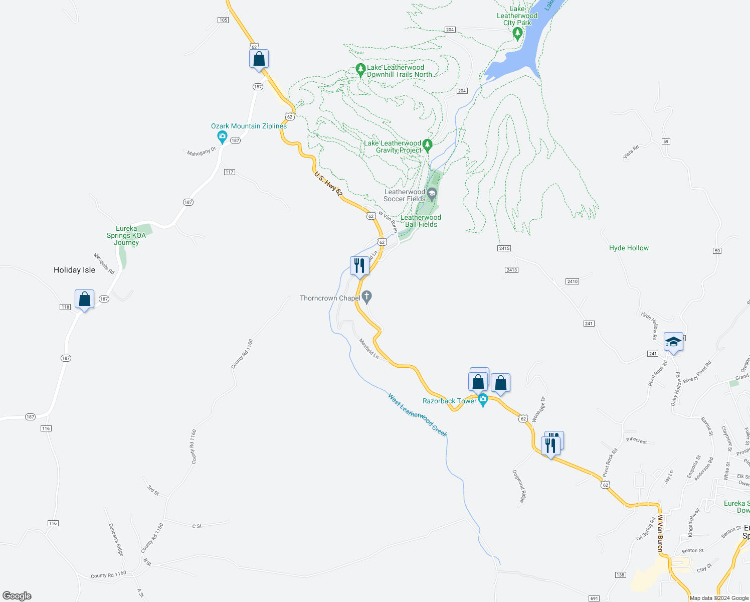 map of restaurants, bars, coffee shops, grocery stores, and more near 12968 U.S. Highway 62 in Eureka Springs