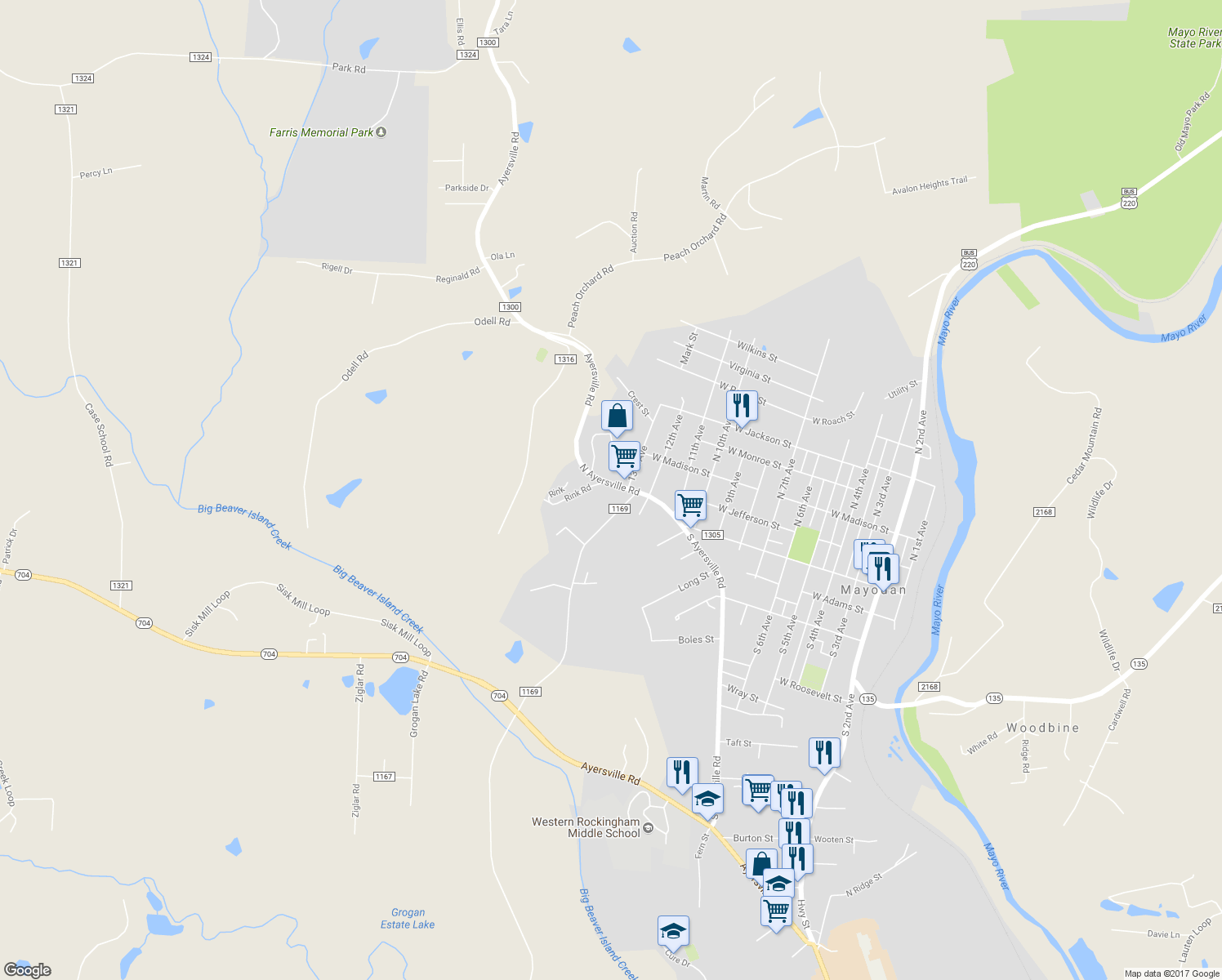 map of restaurants, bars, coffee shops, grocery stores, and more near 406 North Ayersville Road in Mayodan