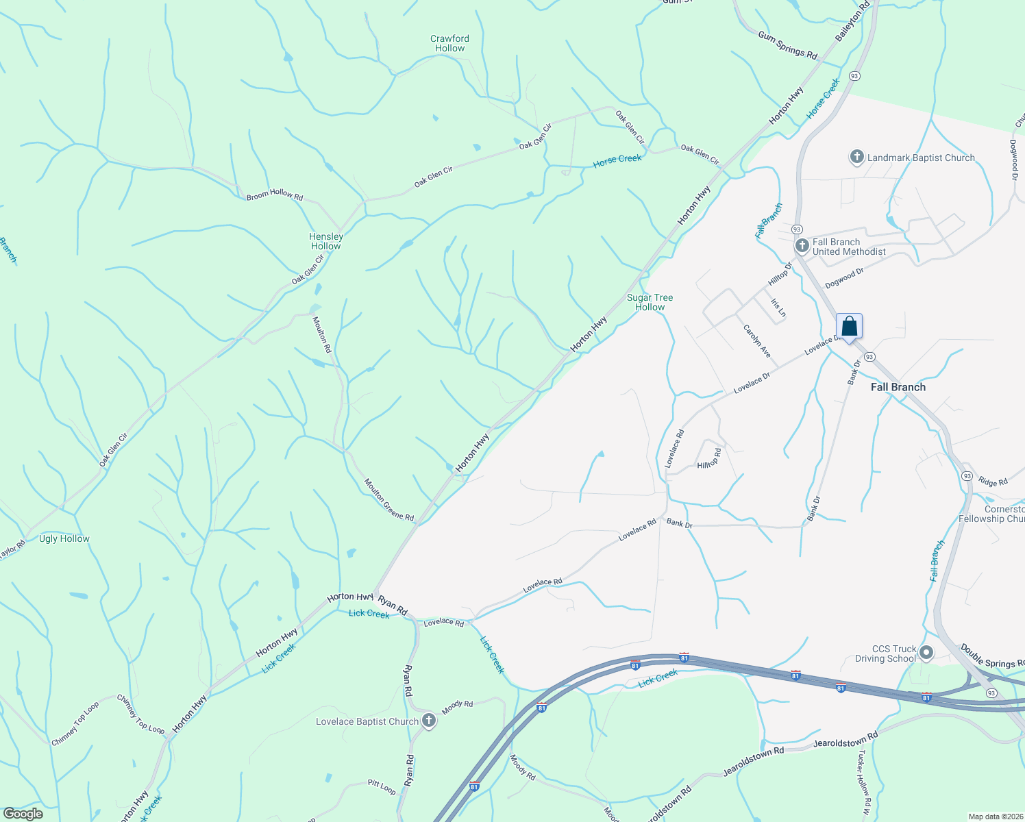 map of restaurants, bars, coffee shops, grocery stores, and more near 37656 Horton Highway in Fall Branch