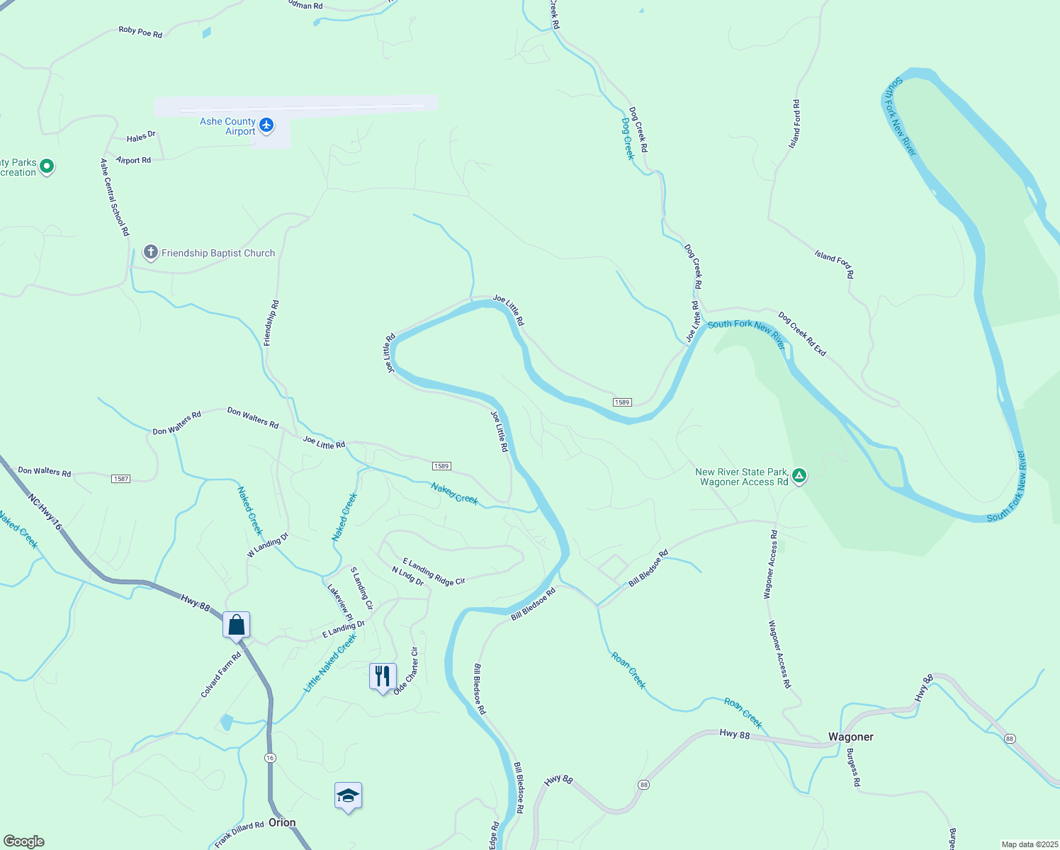map of restaurants, bars, coffee shops, grocery stores, and more near Colvard Trace in Ashe County