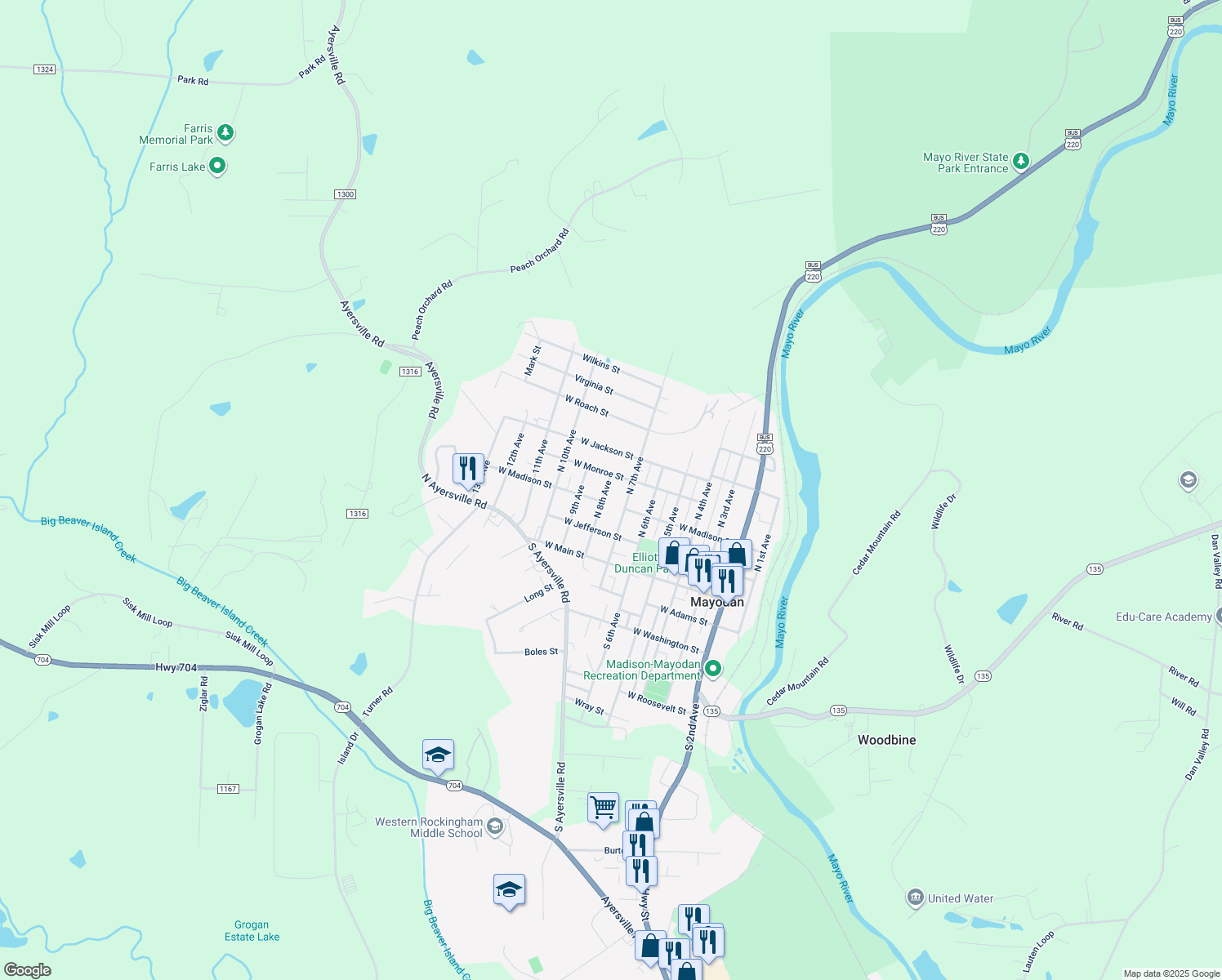 map of restaurants, bars, coffee shops, grocery stores, and more near 305 North 8th Avenue in Mayodan