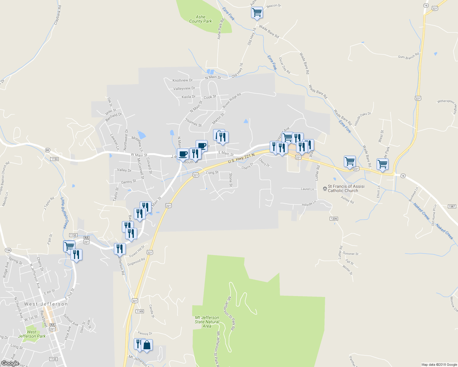 map of restaurants, bars, coffee shops, grocery stores, and more near 220 Stone Street in Jefferson