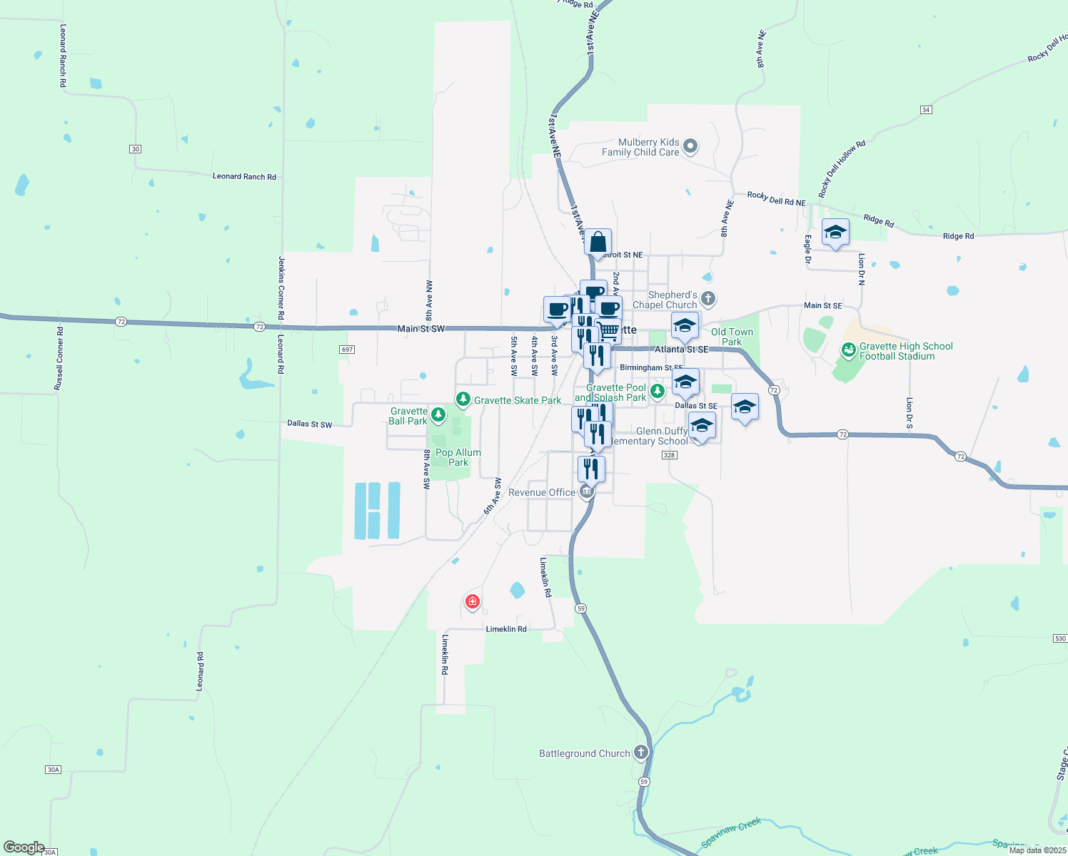 map of restaurants, bars, coffee shops, grocery stores, and more near 4th Avenue Southwest in Gravette