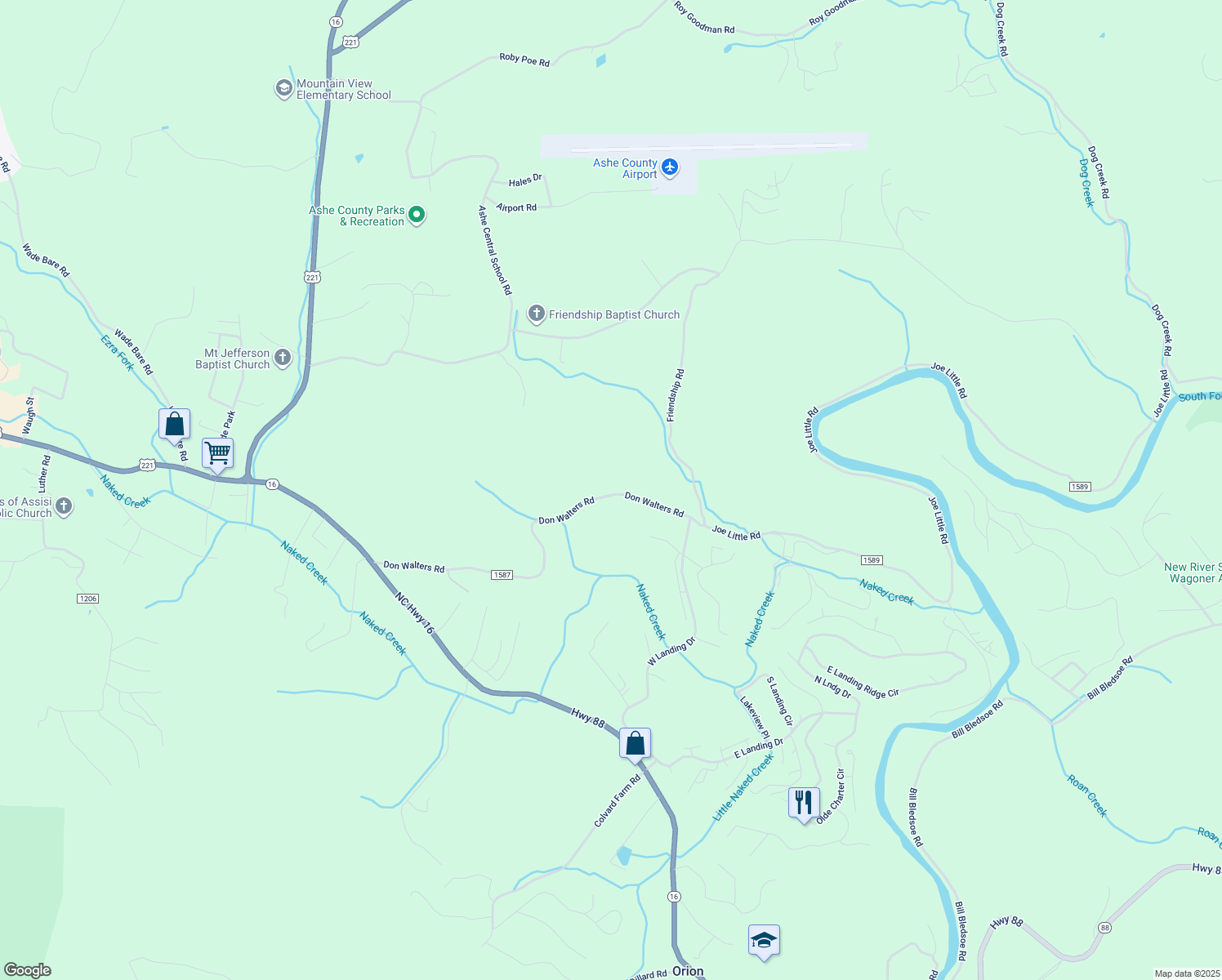 map of restaurants, bars, coffee shops, grocery stores, and more near 1019 Don Walters Road in Jefferson