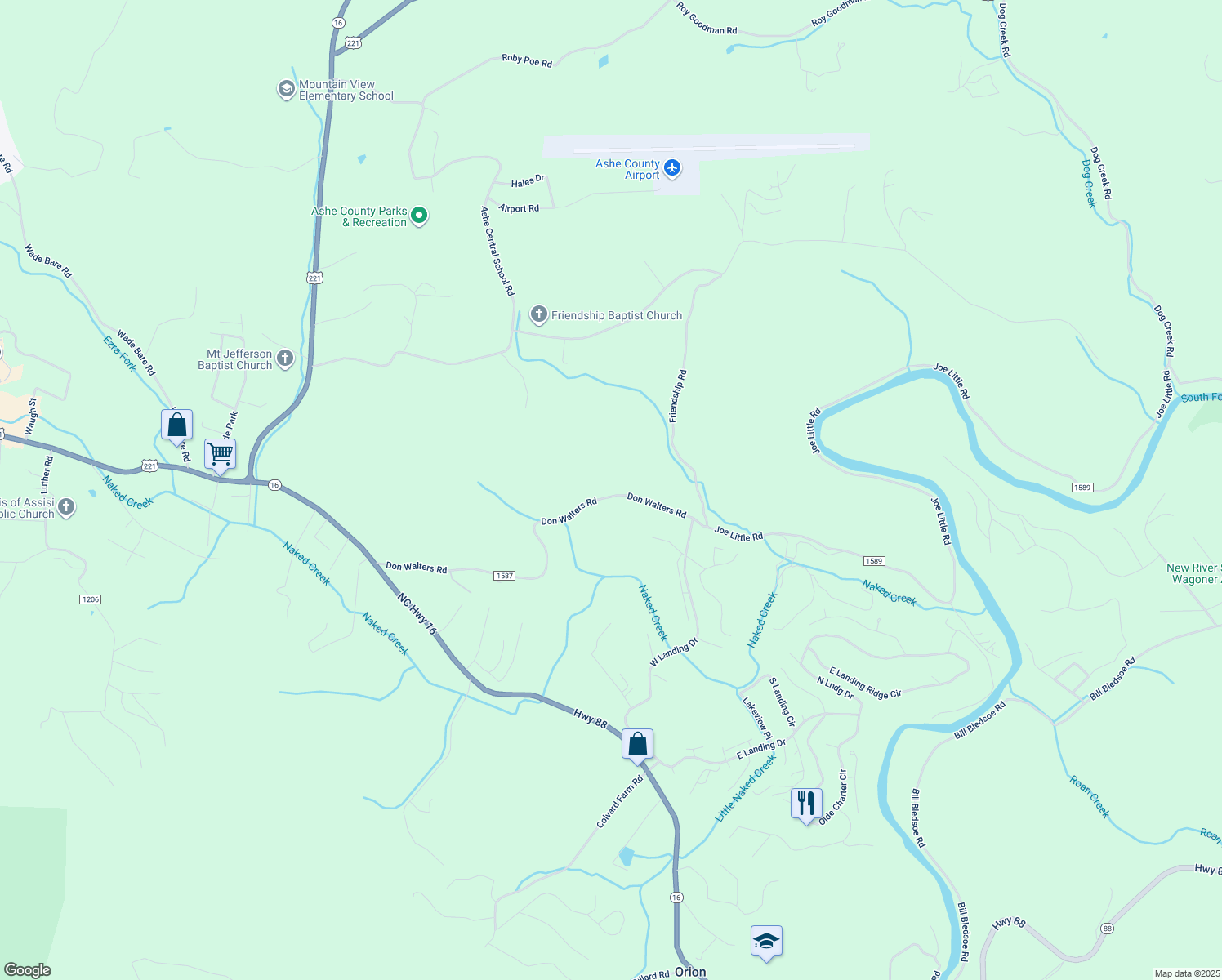 map of restaurants, bars, coffee shops, grocery stores, and more near 1019 Don Walters Road in Jefferson