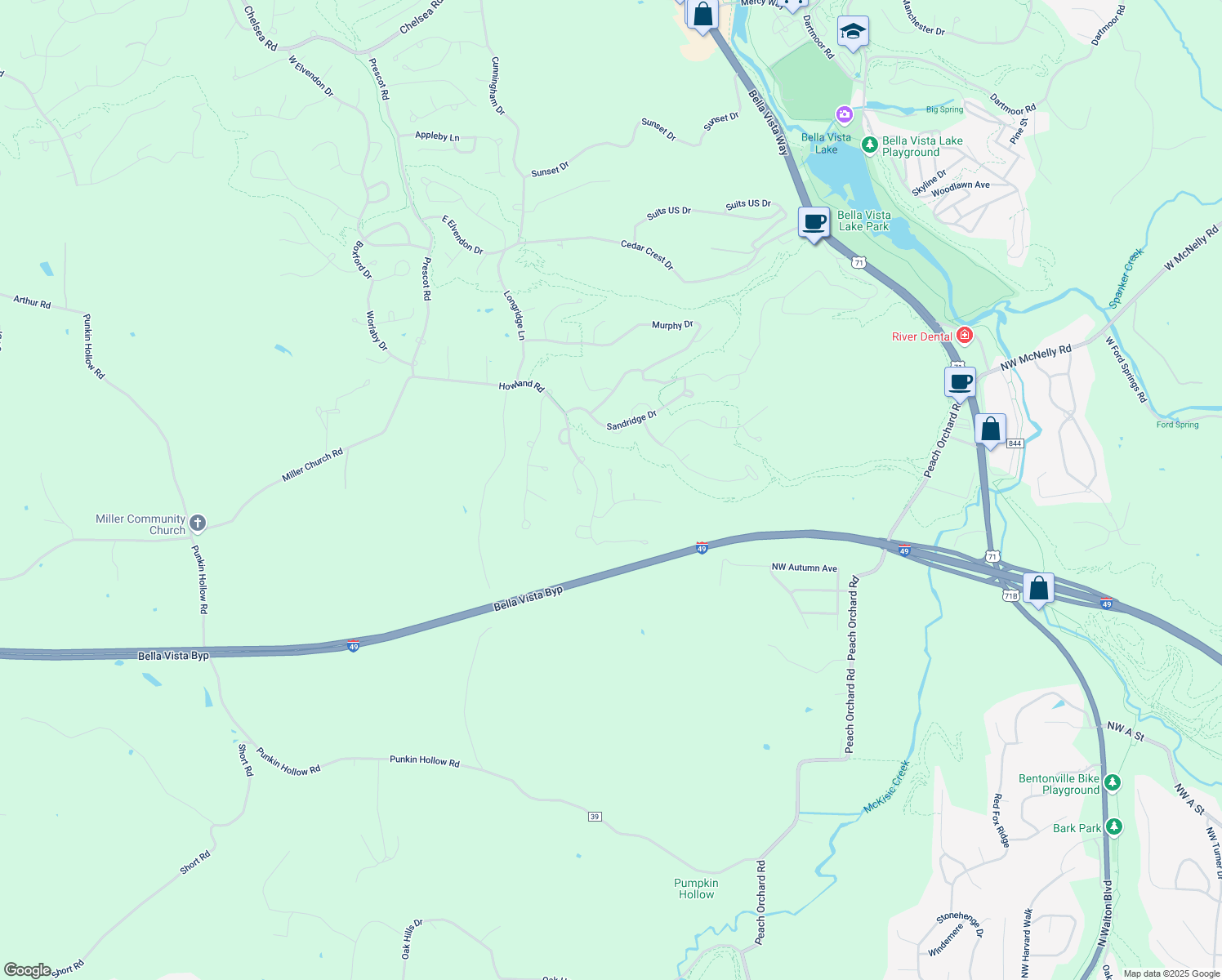 map of restaurants, bars, coffee shops, grocery stores, and more near 7 Wilbur Lane in Bella Vista