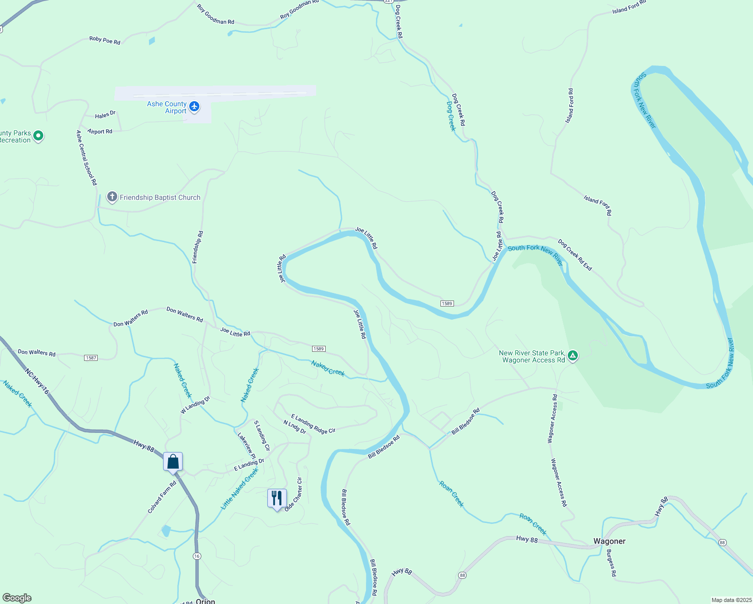 map of restaurants, bars, coffee shops, grocery stores, and more near Colvard Trace in Ashe County