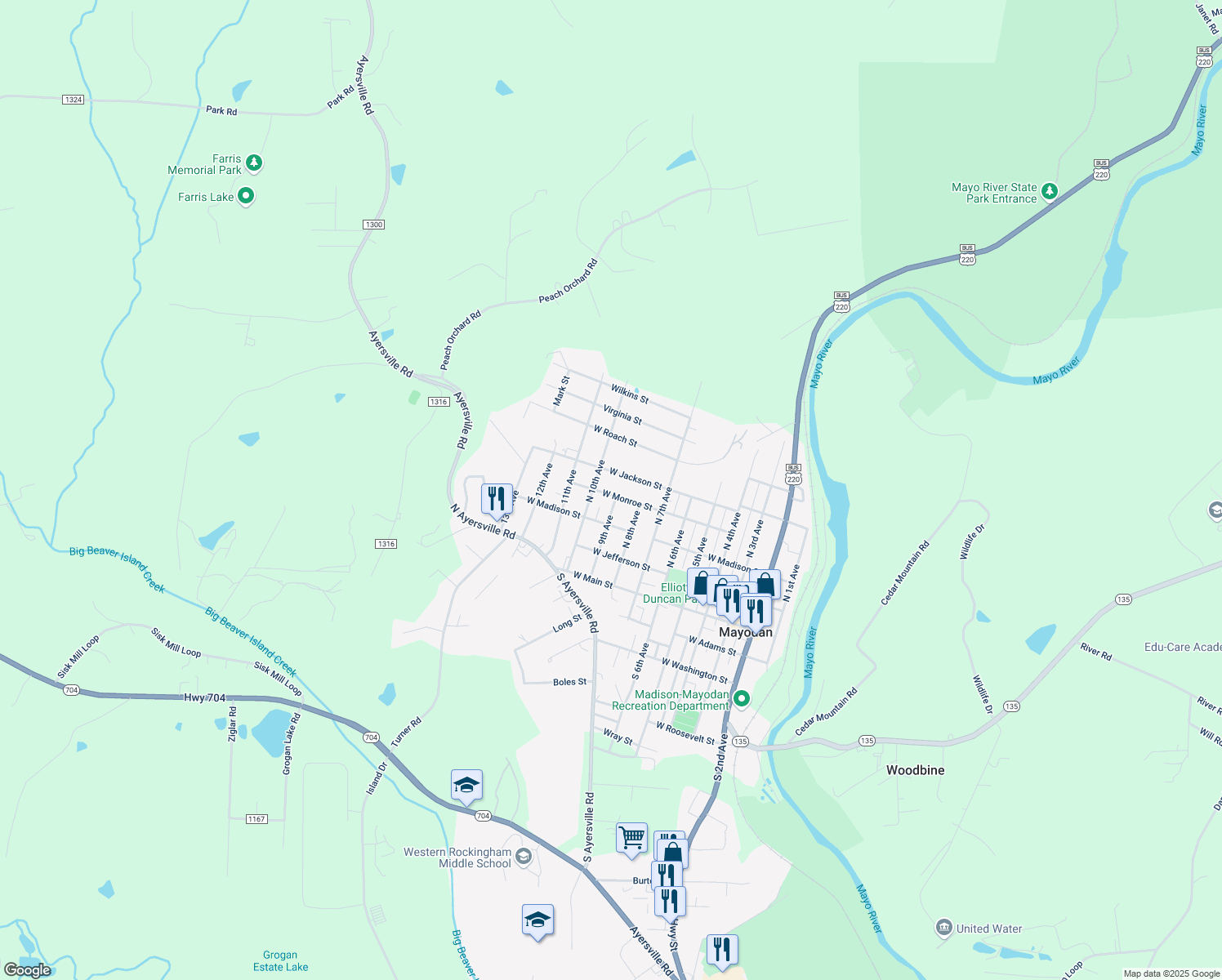 map of restaurants, bars, coffee shops, grocery stores, and more near 902 W Monroe St in Mayodan