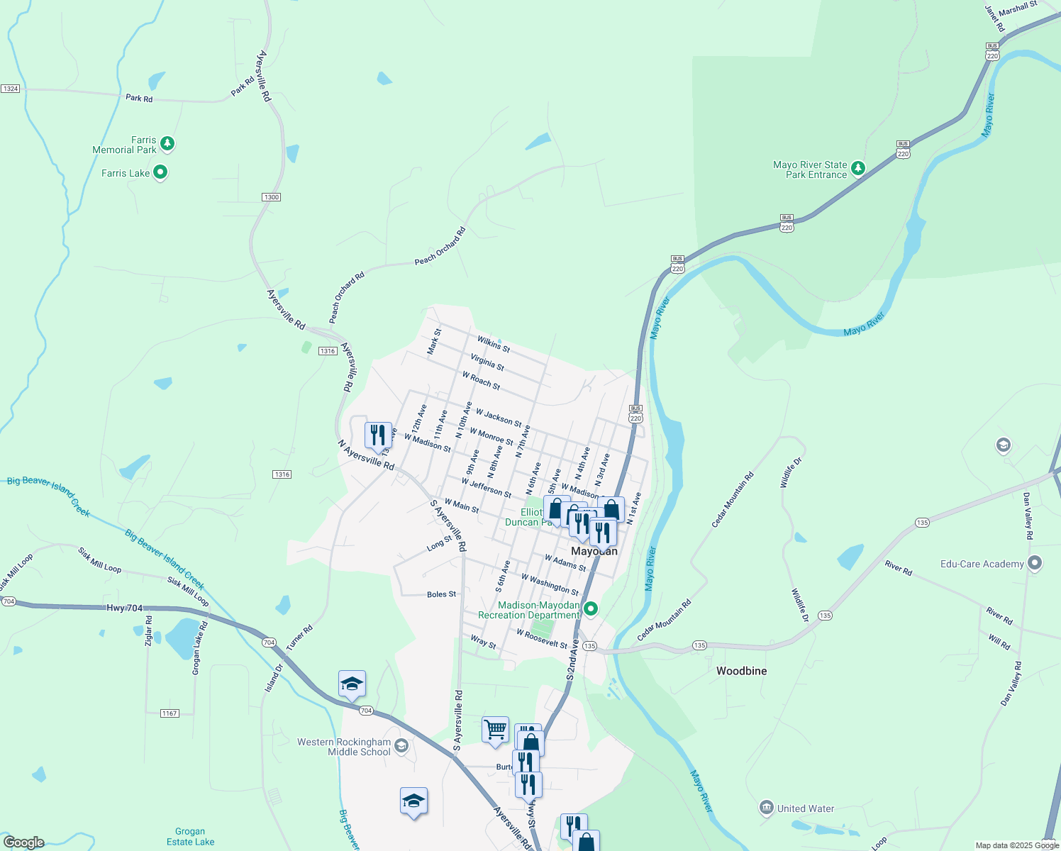 map of restaurants, bars, coffee shops, grocery stores, and more near 509 West Jackson Street in Mayodan