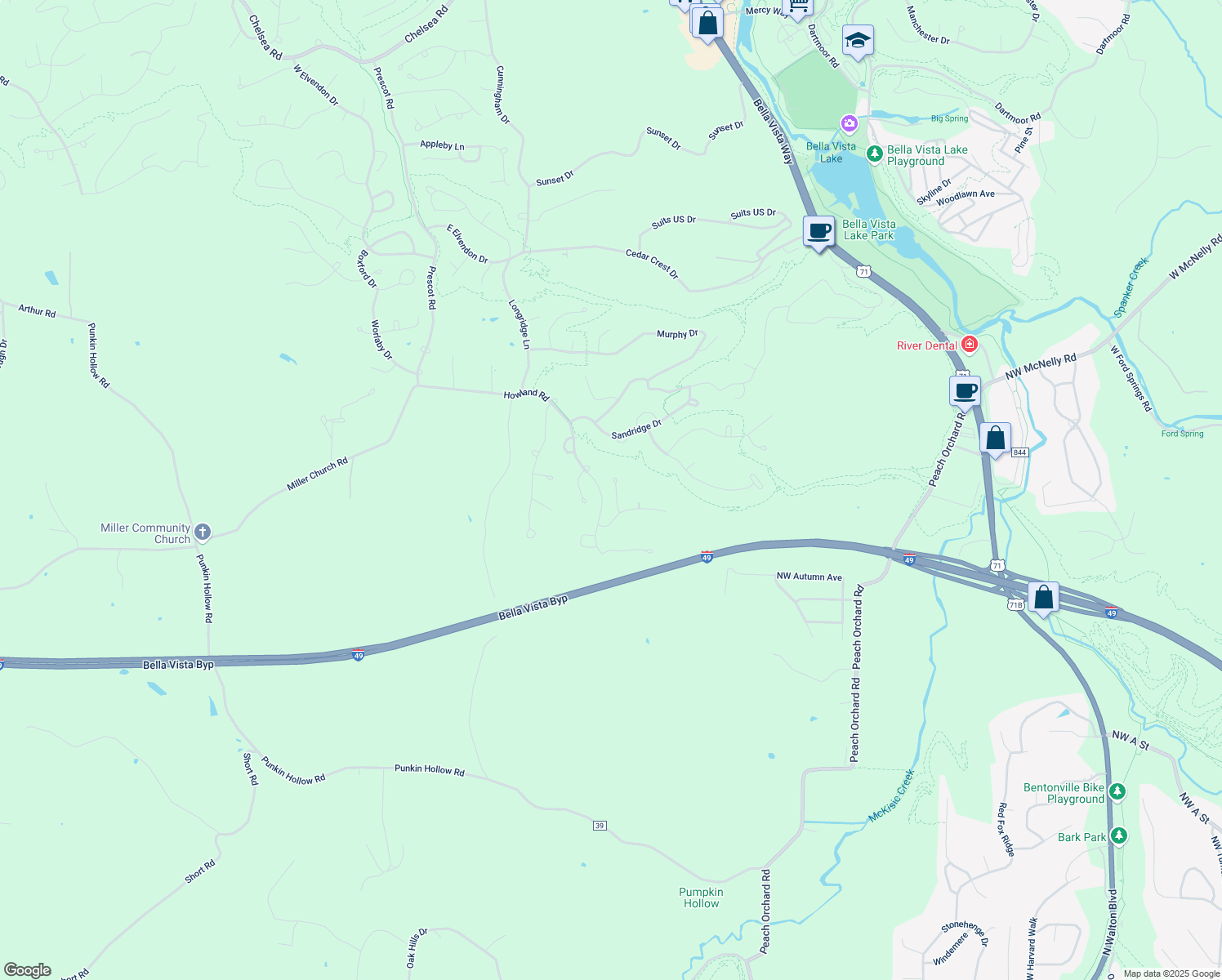 map of restaurants, bars, coffee shops, grocery stores, and more near 7 Wilbur Ln in Bella Vista