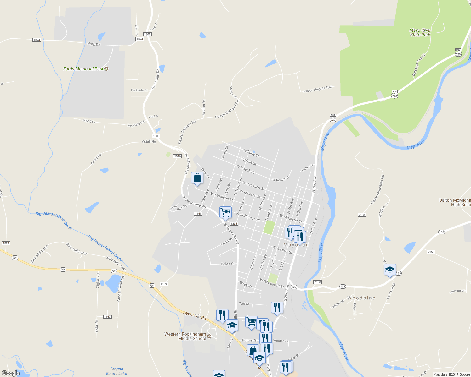 map of restaurants, bars, coffee shops, grocery stores, and more near 400 North 10th Avenue in Mayodan