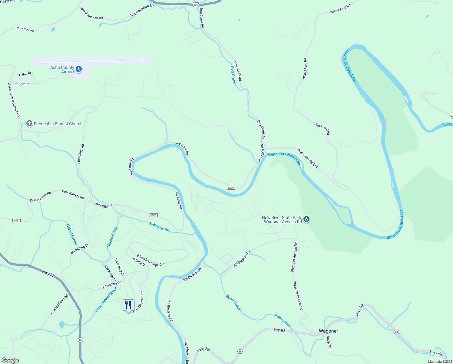 map of restaurants, bars, coffee shops, grocery stores, and more near 2619 Joe Little Road in Crumpler