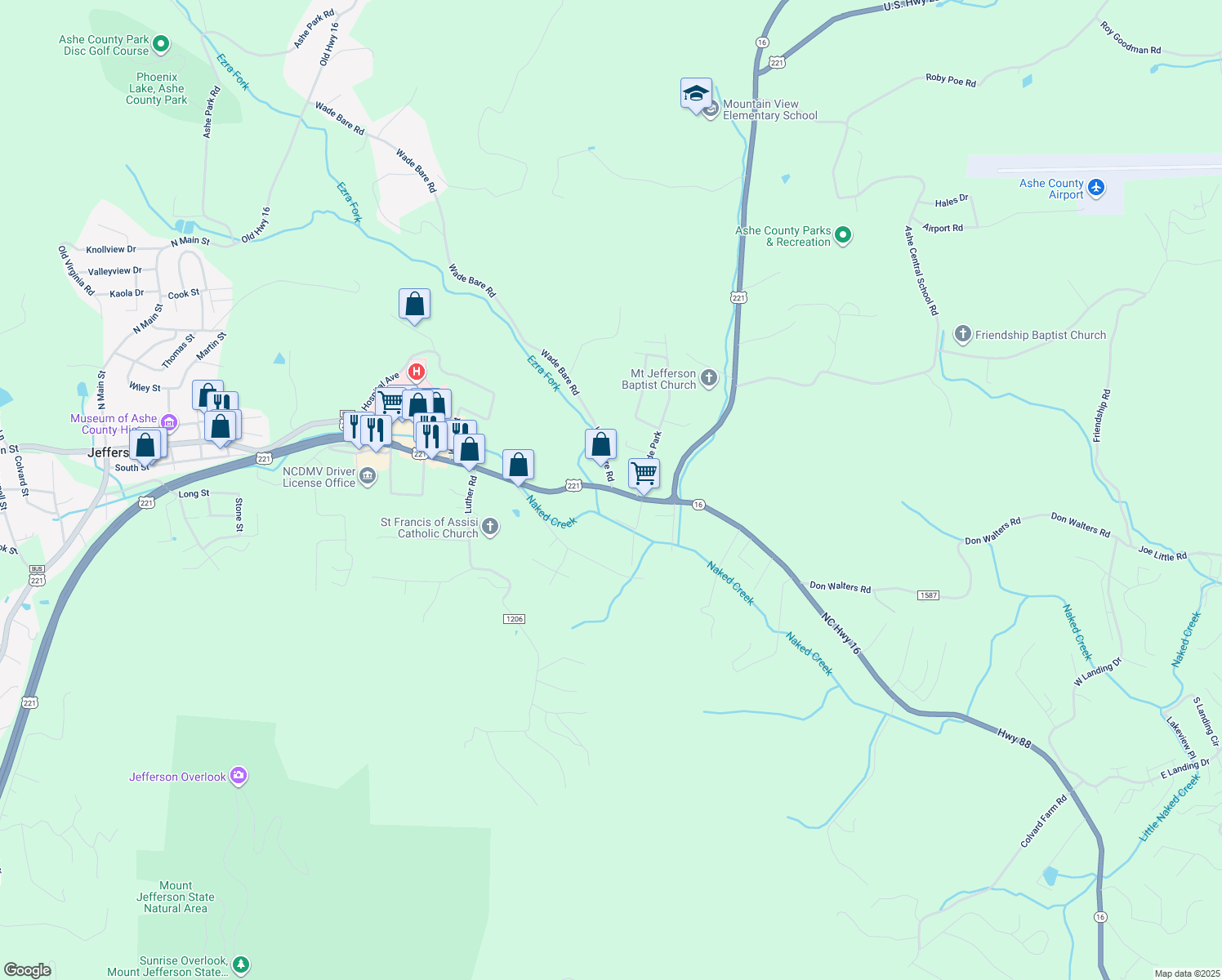 map of restaurants, bars, coffee shops, grocery stores, and more near 1334 U.S. 221 in Jefferson