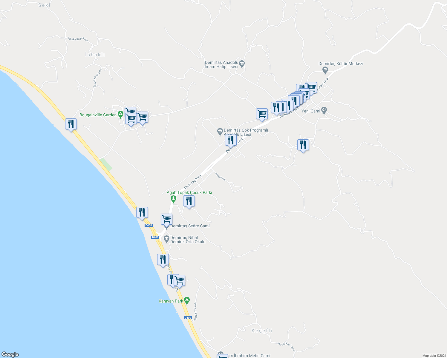 map of restaurants, bars, coffee shops, grocery stores, and more near Bahçeli Caddesi in Alanya
