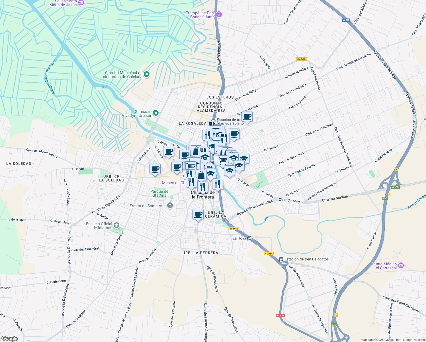 map of restaurants, bars, coffee shops, grocery stores, and more near 2 Calle Paseo de La Alameda in Chiclana de la Frontera