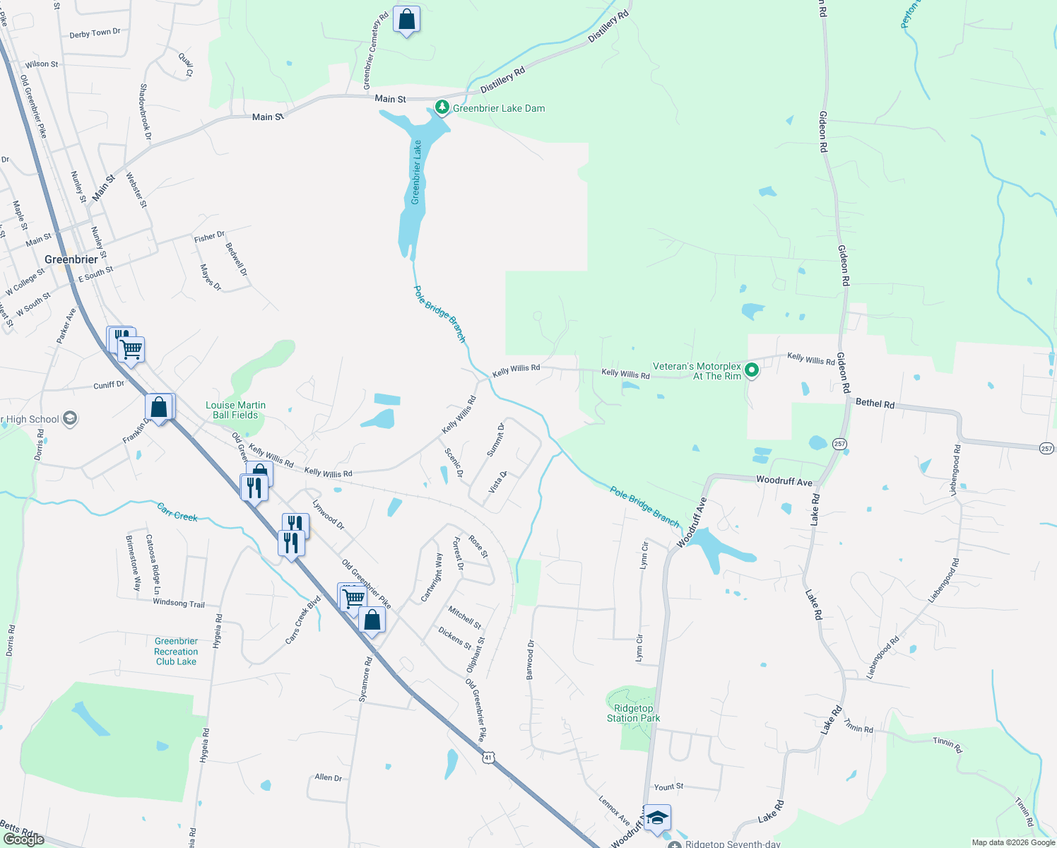 map of restaurants, bars, coffee shops, grocery stores, and more near 4070 Summit Drive in Greenbrier