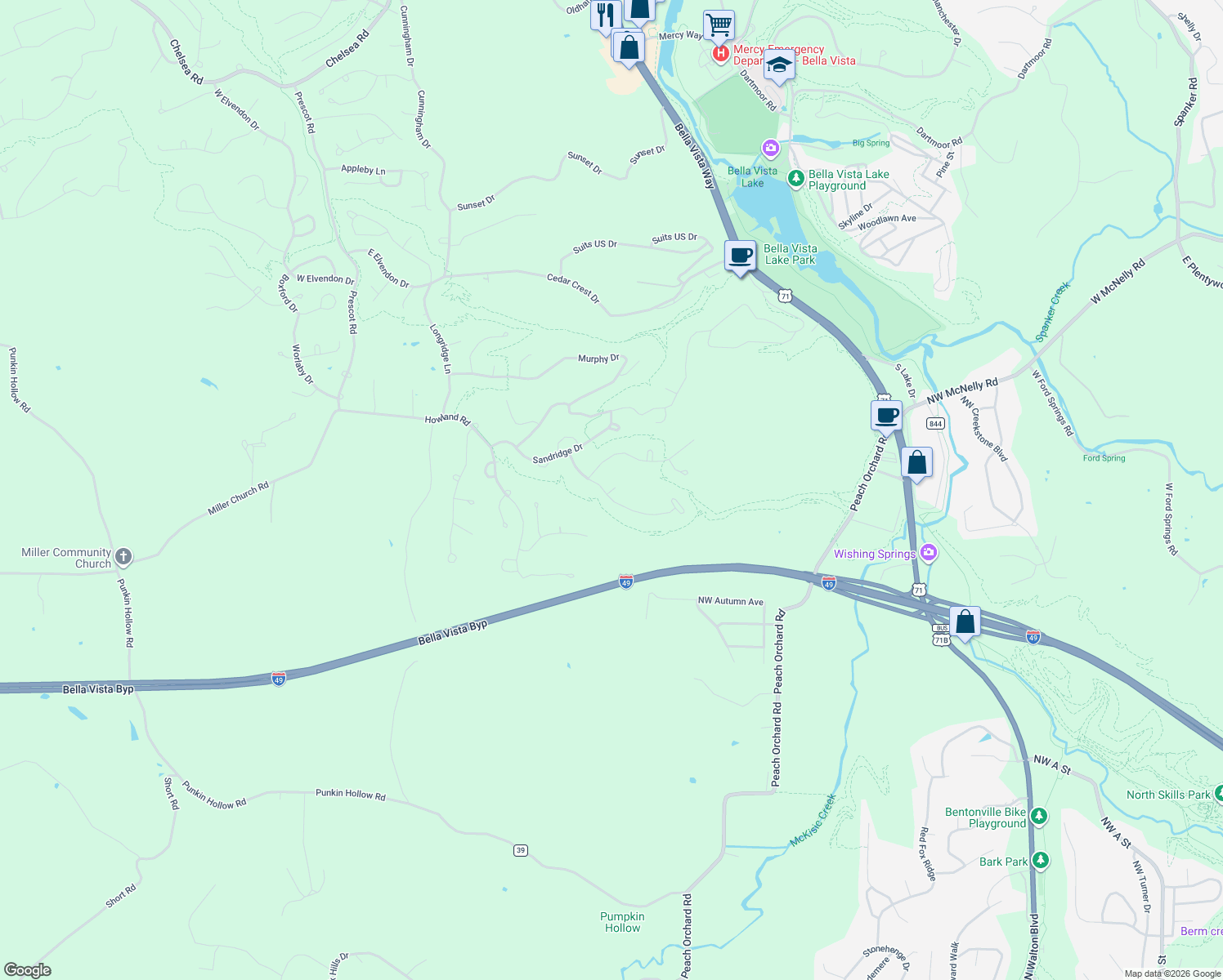 map of restaurants, bars, coffee shops, grocery stores, and more near 9 Theodore Drive in Bella Vista