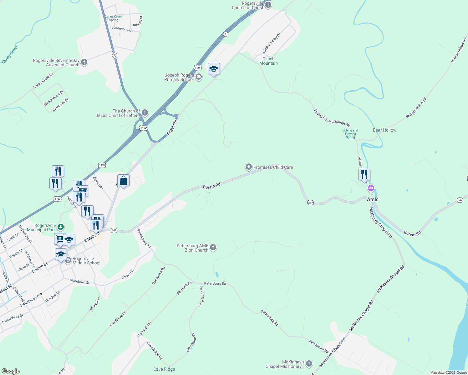 map of restaurants, bars, coffee shops, grocery stores, and more near 464 Burem Road in Rogersville
