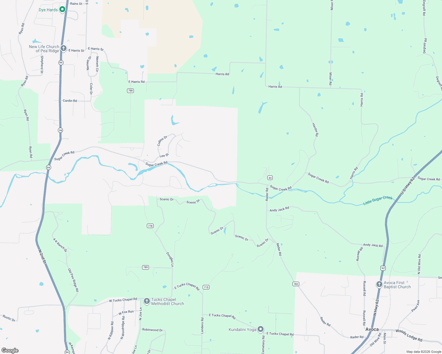 map of restaurants, bars, coffee shops, grocery stores, and more near 12922 Sugar Creek Road in Pea Ridge