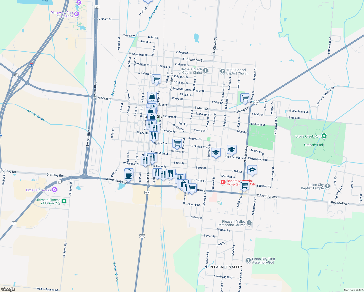 map of restaurants, bars, coffee shops, grocery stores, and more near 617 E Florida Ave in Union City