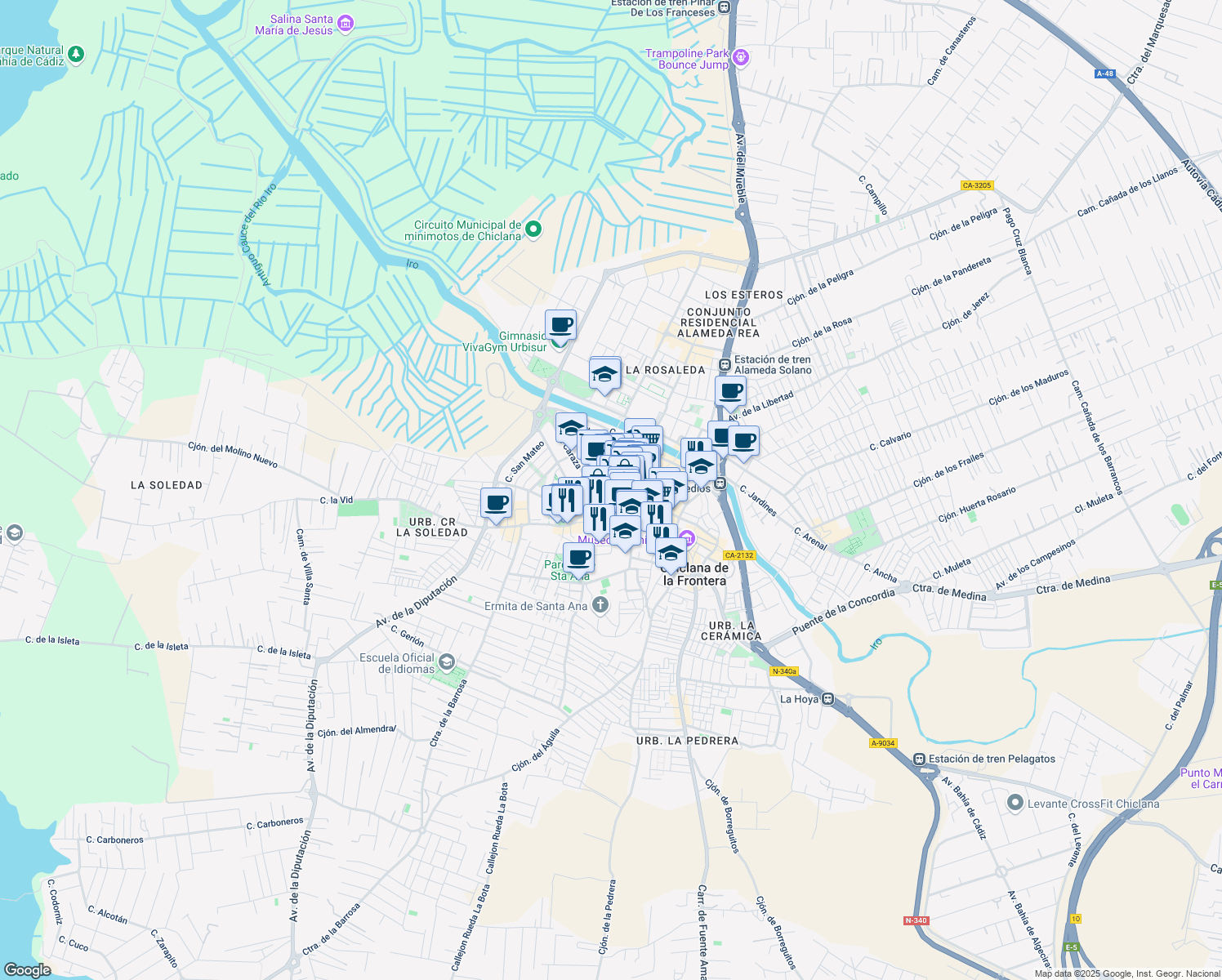 map of restaurants, bars, coffee shops, grocery stores, and more near 30 Calle la Plaza in Chiclana de la Frontera