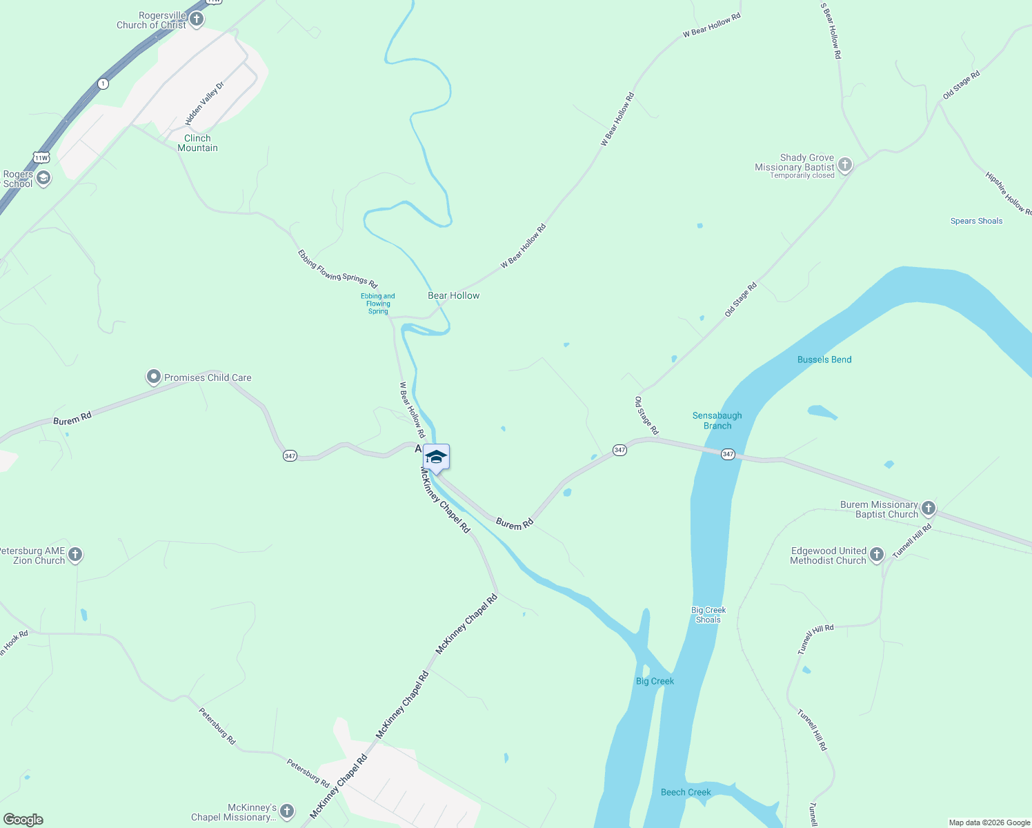 map of restaurants, bars, coffee shops, grocery stores, and more near 963 Burem Road in Rogersville