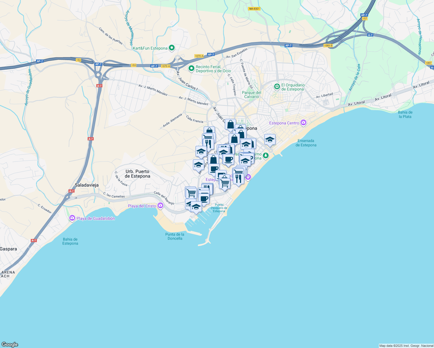 map of restaurants, bars, coffee shops, grocery stores, and more near 5 Calle Estandarte in Estepona