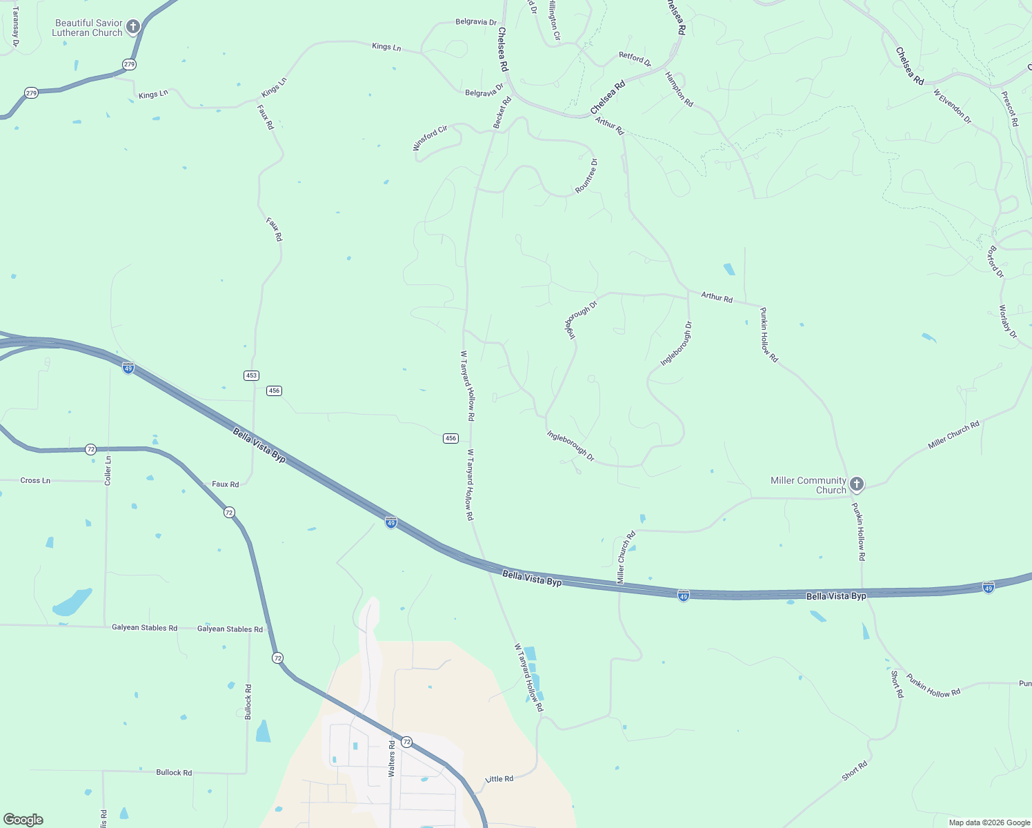 map of restaurants, bars, coffee shops, grocery stores, and more near 12974 West Tanyard Hollow Road in Bentonville