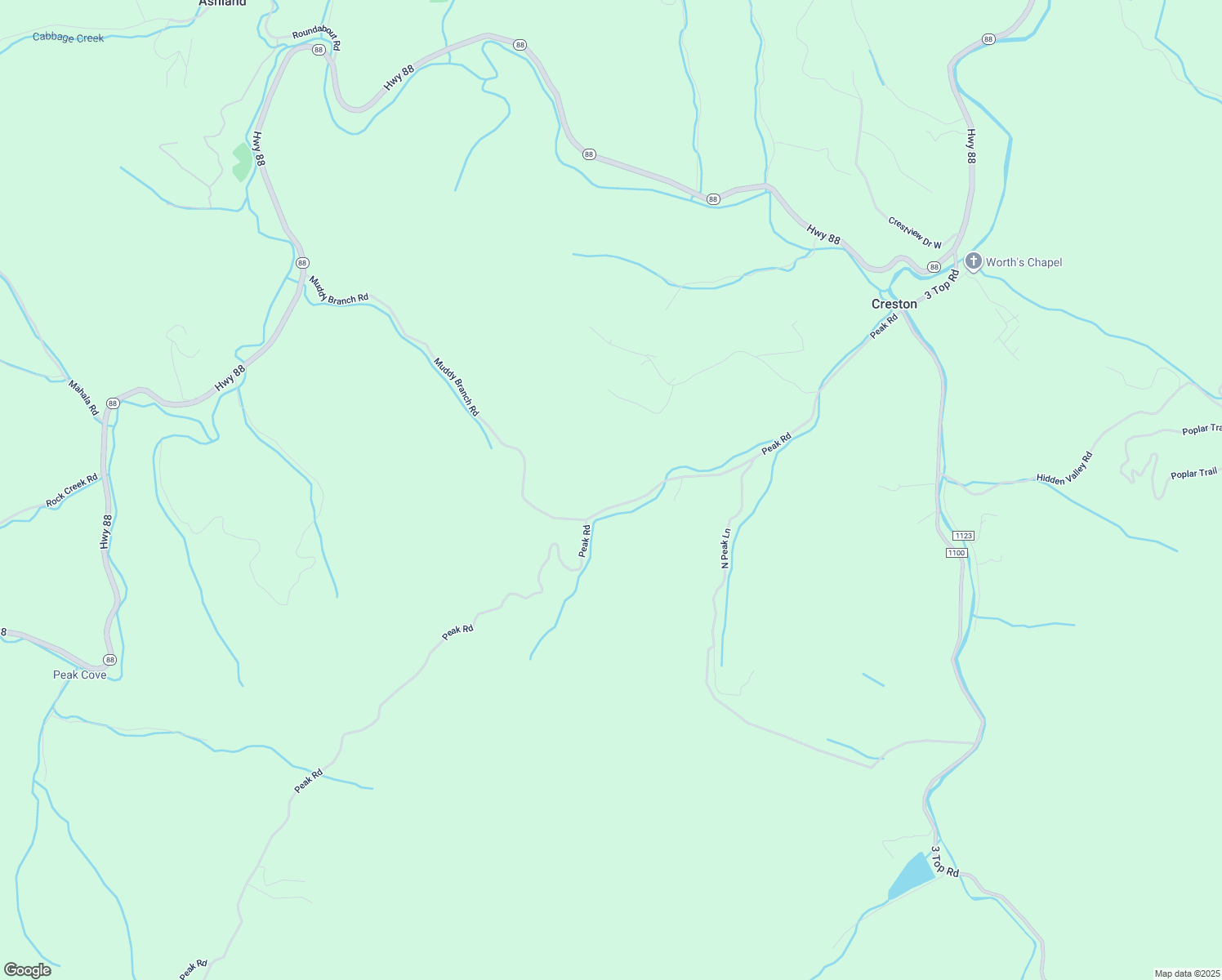 map of restaurants, bars, coffee shops, grocery stores, and more near 1100 Peak Road in Creston