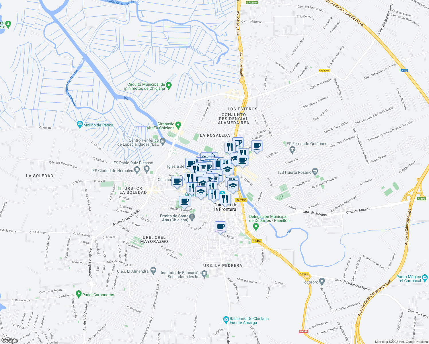 map of restaurants, bars, coffee shops, grocery stores, and more near 9 Calle Laja in Chiclana de la Frontera