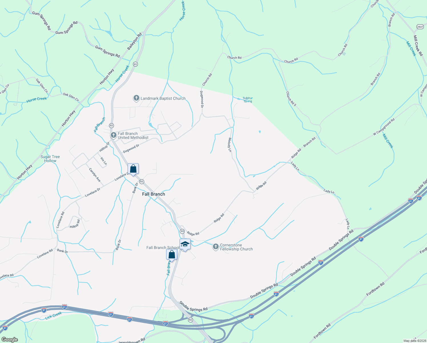 map of restaurants, bars, coffee shops, grocery stores, and more near 197 Melody Lane in Fall Branch