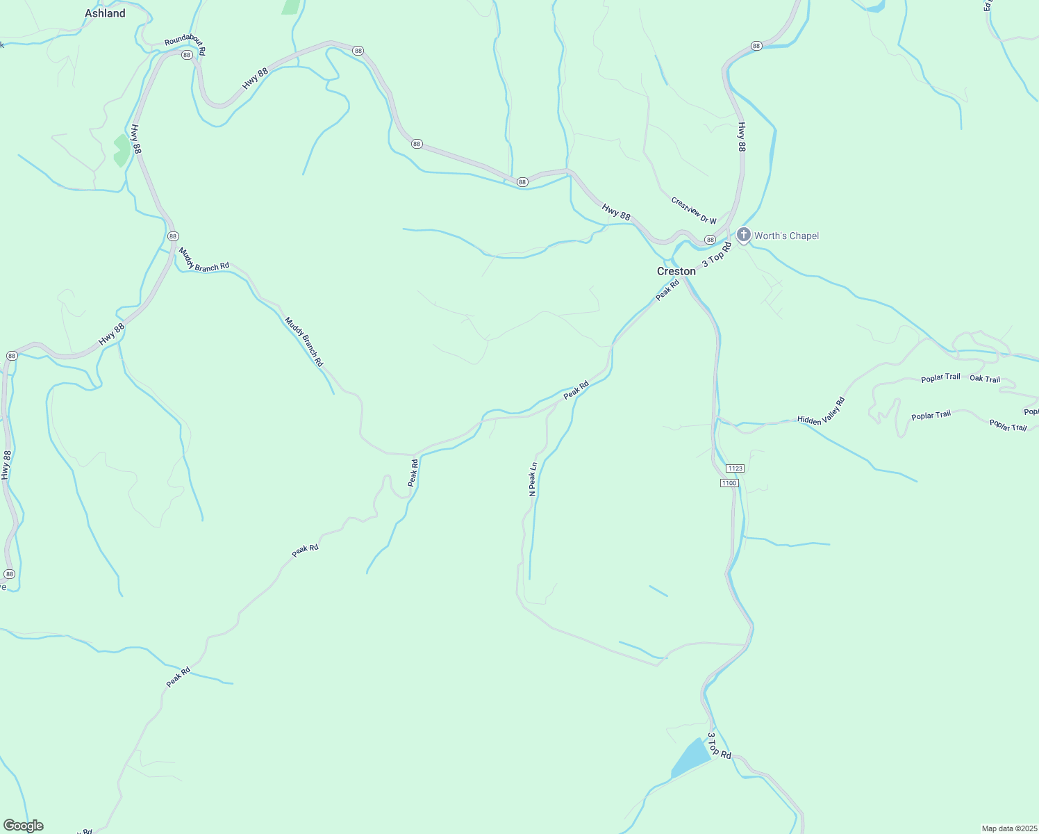 map of restaurants, bars, coffee shops, grocery stores, and more near Peak Road in Creston