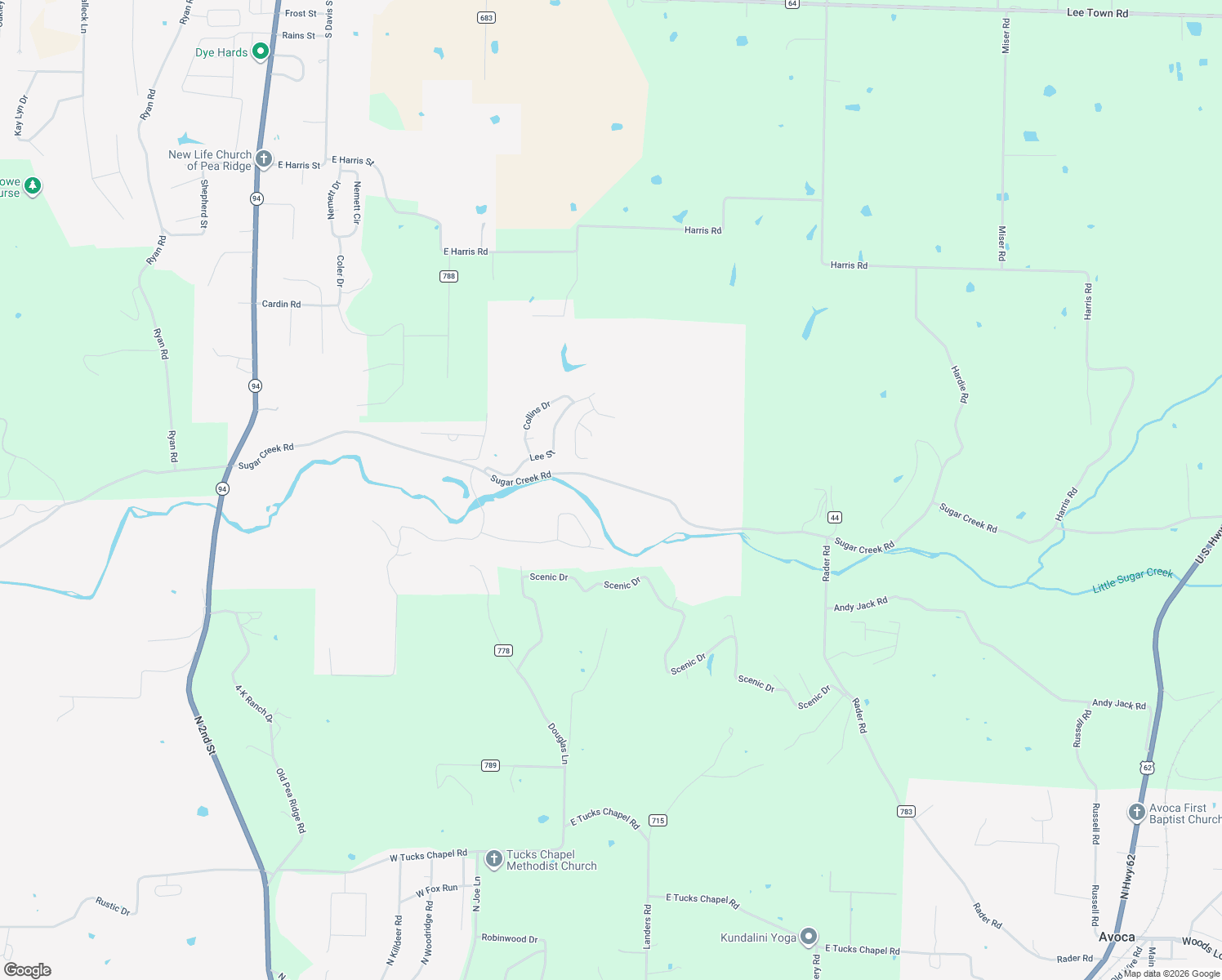 map of restaurants, bars, coffee shops, grocery stores, and more near 12762 Sugar Creek Road in Pea Ridge