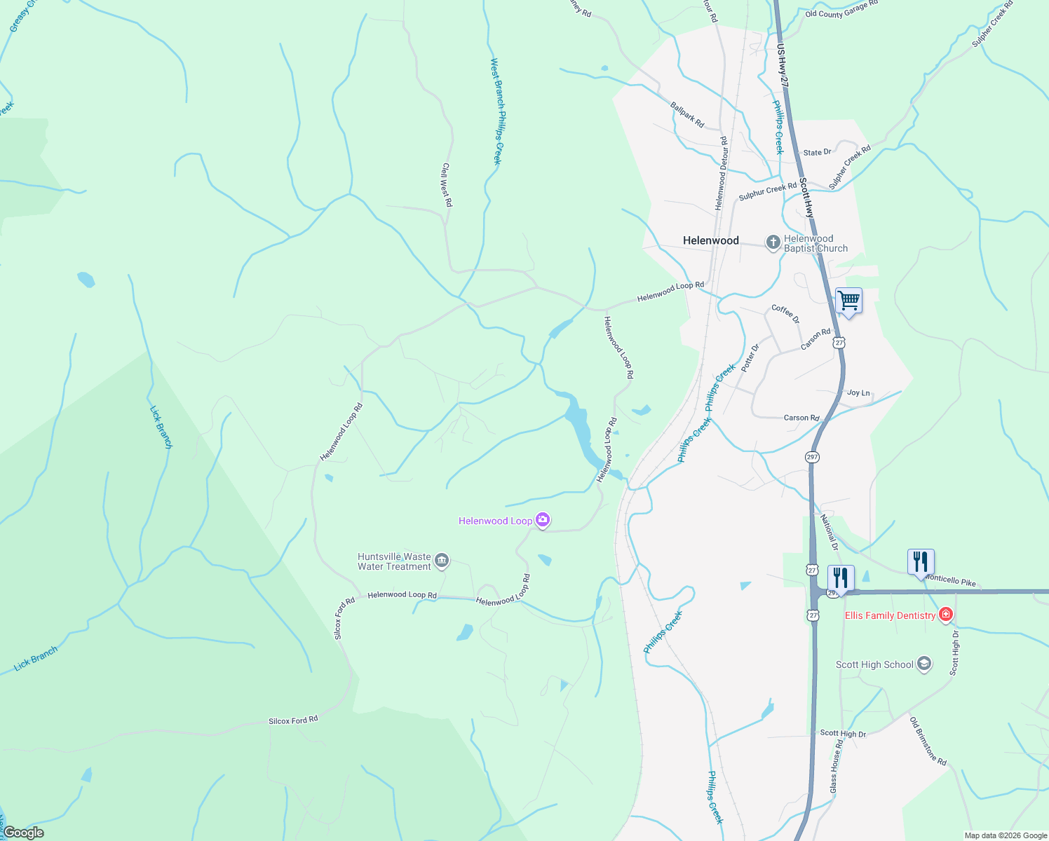 map of restaurants, bars, coffee shops, grocery stores, and more near 2063 Helenwood Detour Road in Helenwood