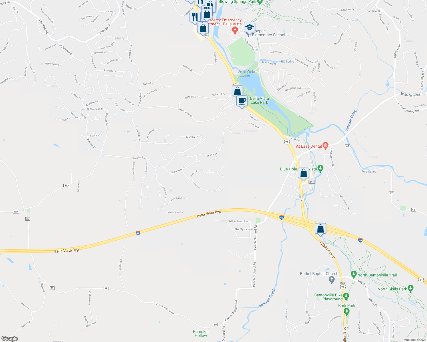 map of restaurants, bars, coffee shops, grocery stores, and more near 2 Porch Circle in Bella Vista
